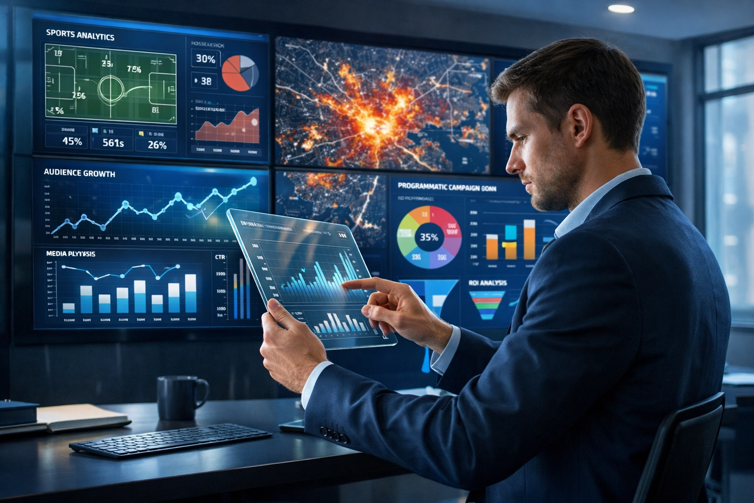 Media buyer managing NIL campaign data and programmatic targeting in a modern sports marketing command center.