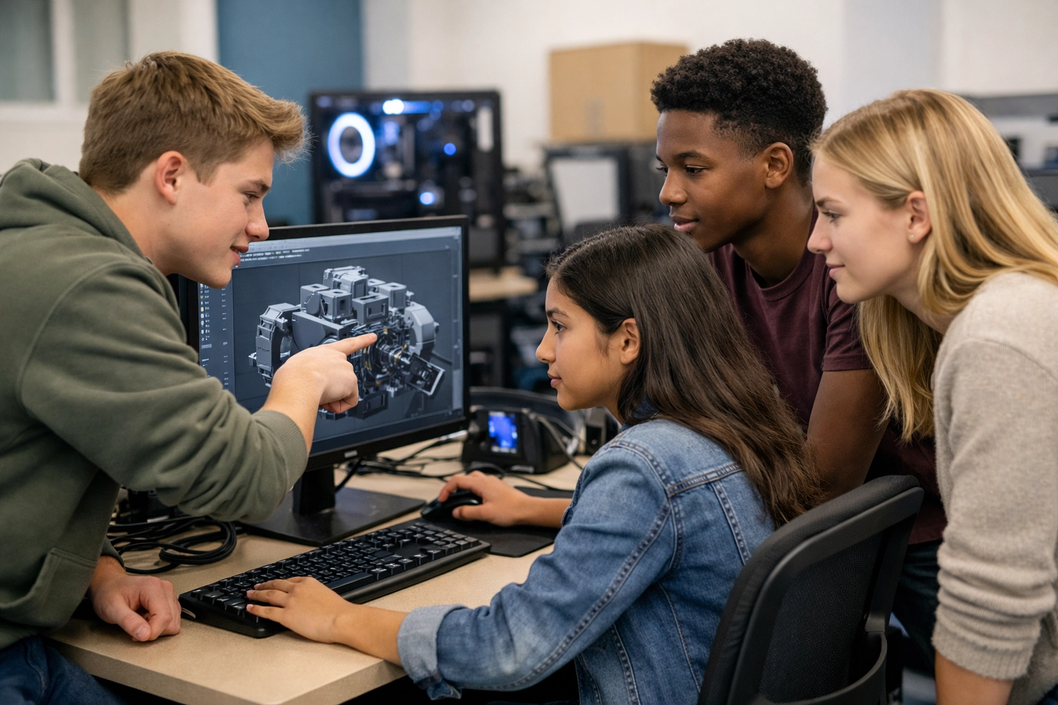 High school students collaborating in a tech lab to drive educational growth and brand partnership strategies.