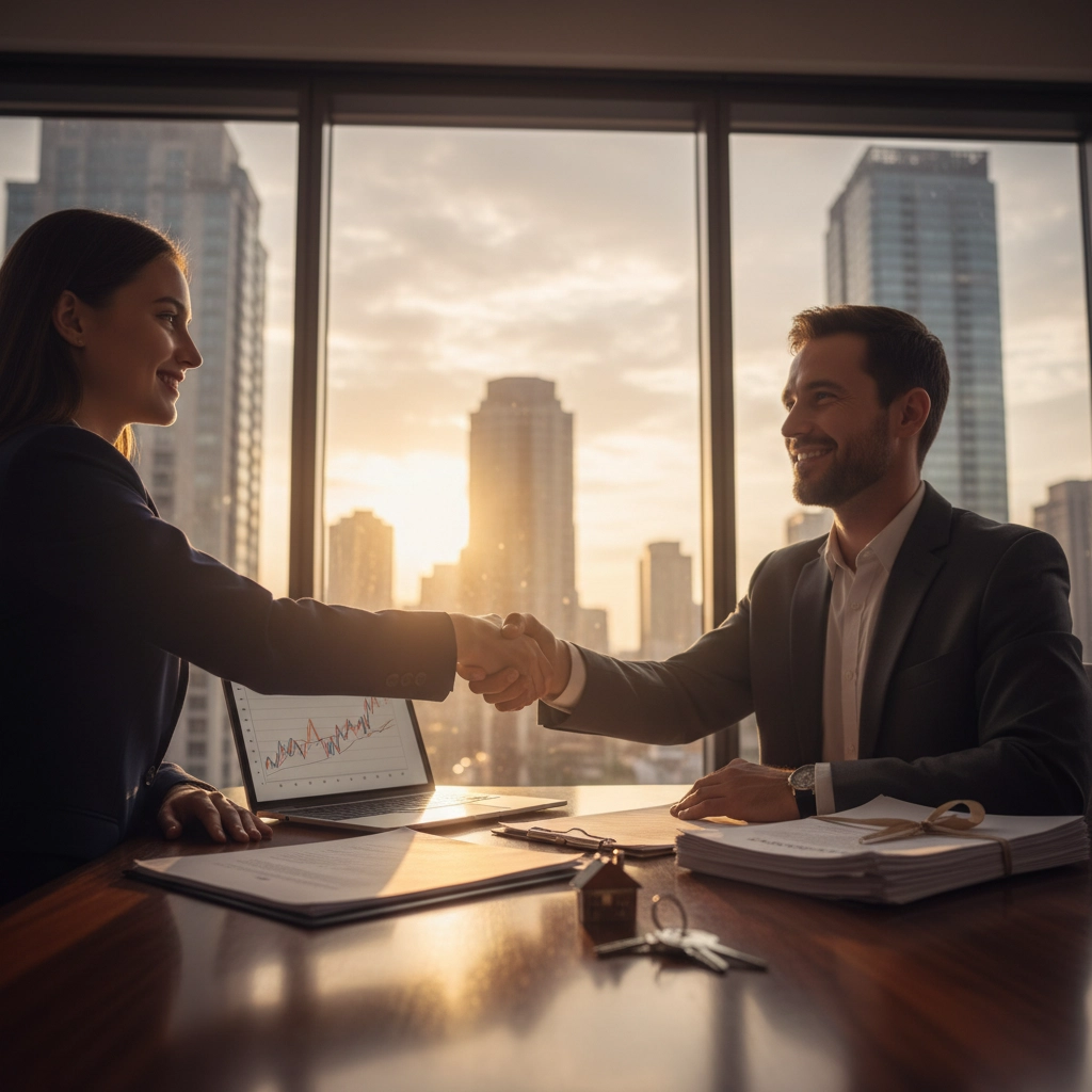 Lender shaking hands with homebuyer during mortgage approval process