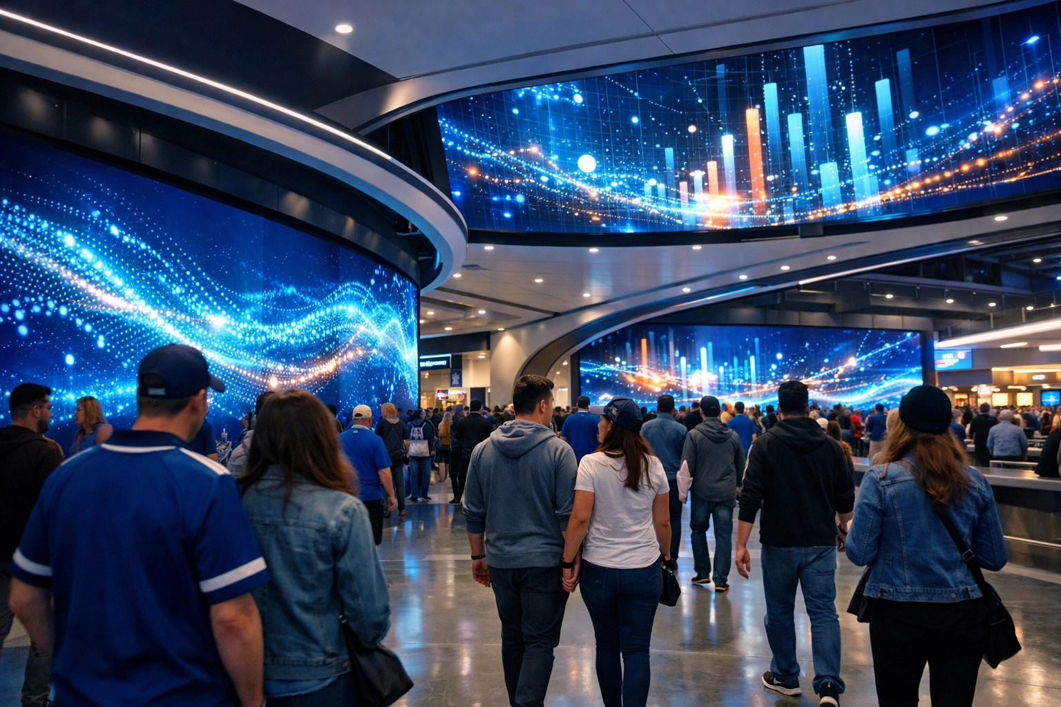Modern stadium concourse with integrated digital displays showing real-time visitor data and IoT media innovation.