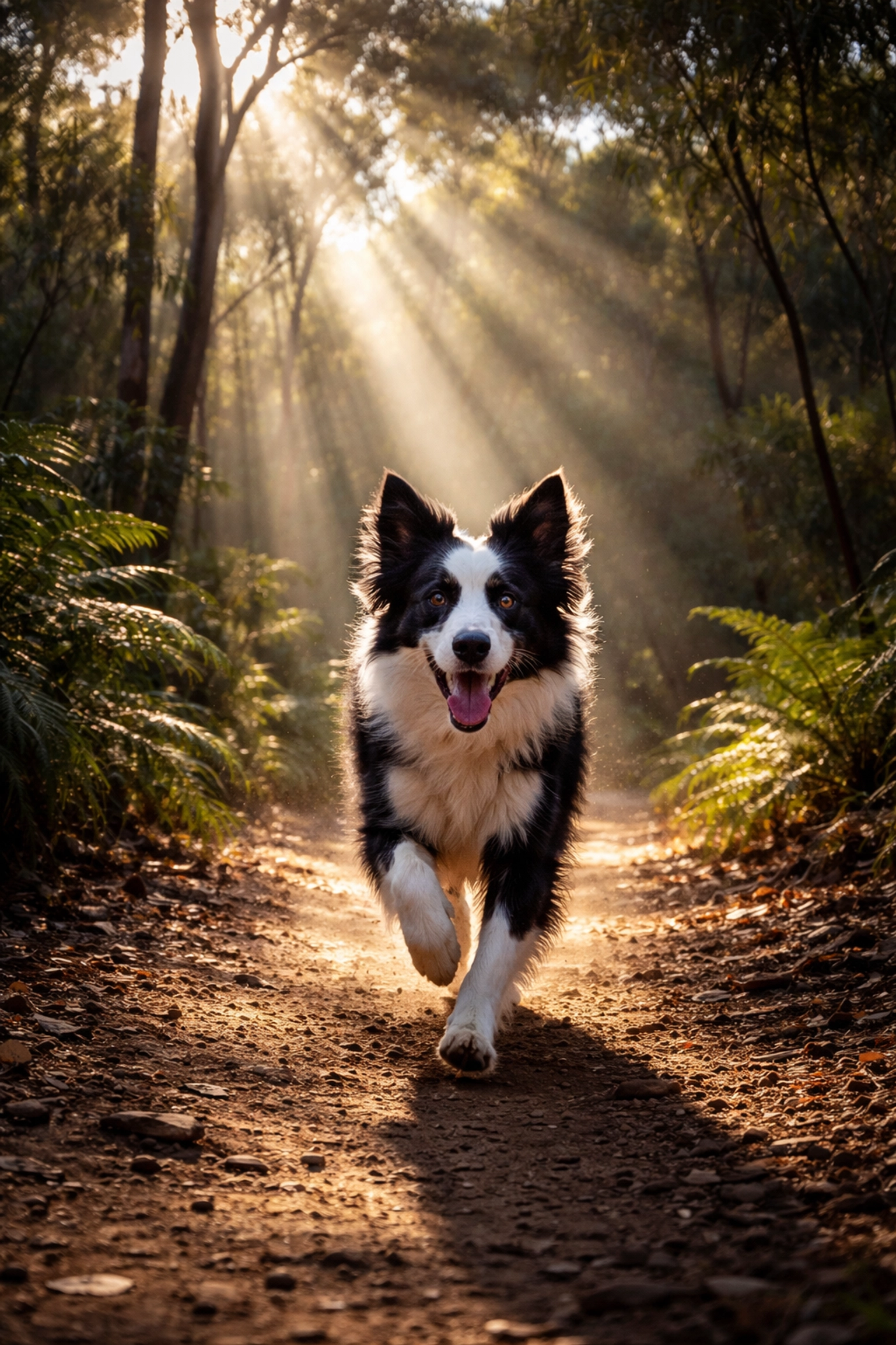 Happy border collie running on a sunlit Brisbane bushland trail, emphasizing active local pet lifestyles.
