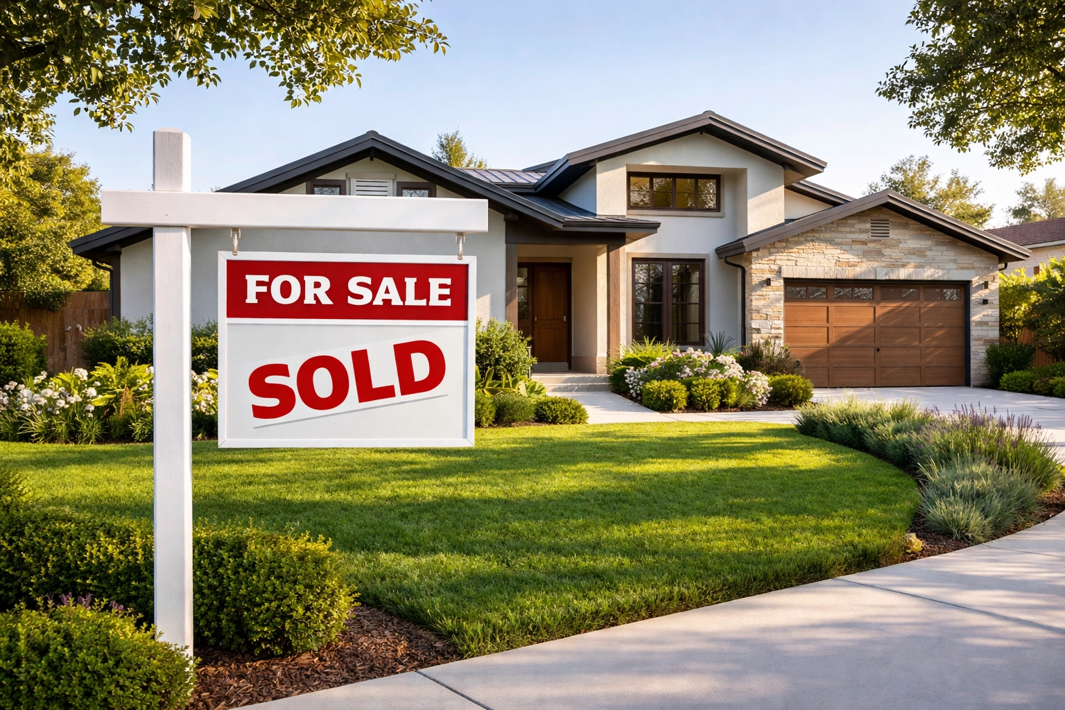 Modern suburban home with sold sign in yard on sunny day, illustrating capital gains exclusion for home sales