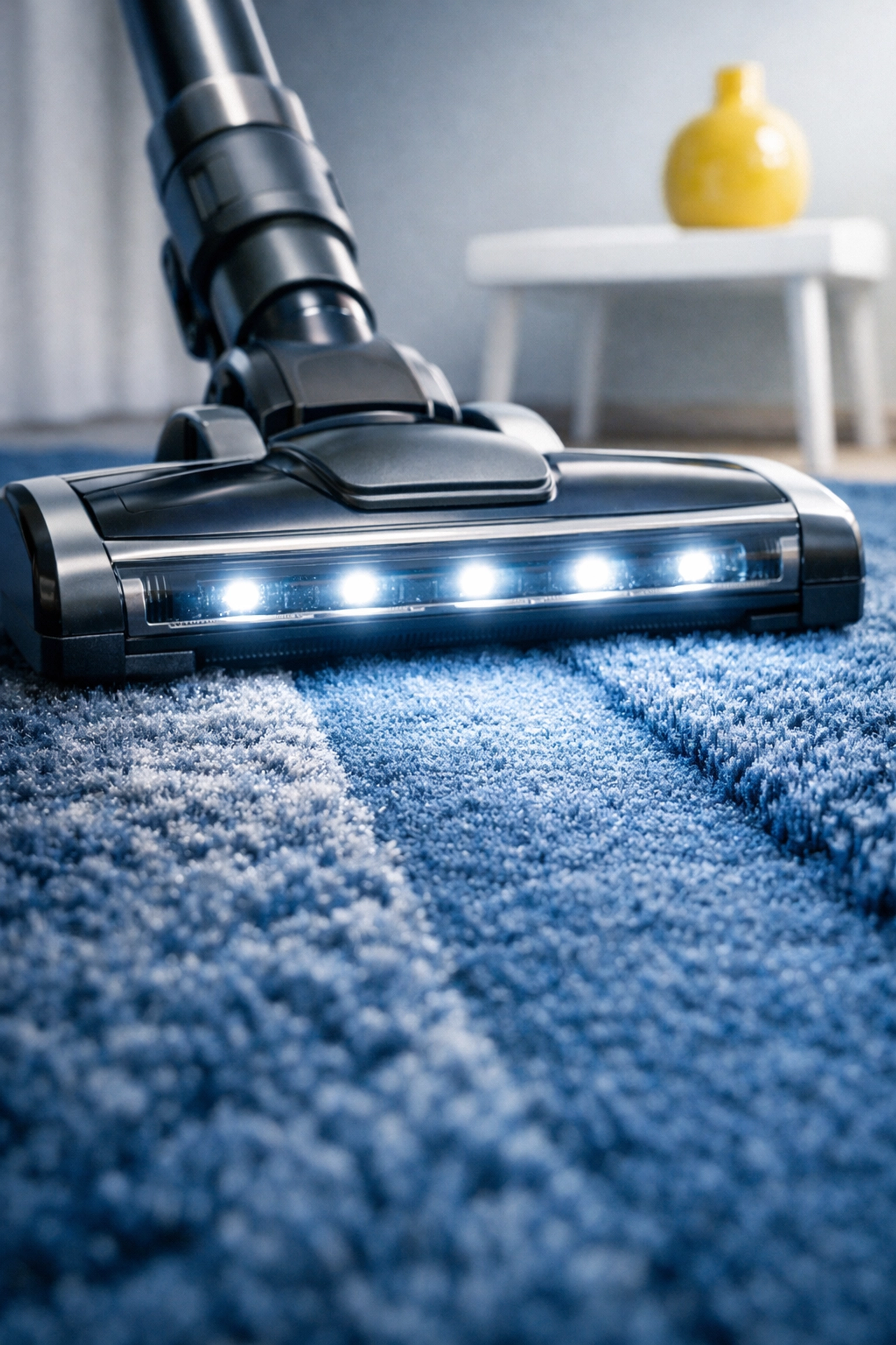 Close-up of a vacuum cleaner removing allergy triggers from a deep blue plush area rug.