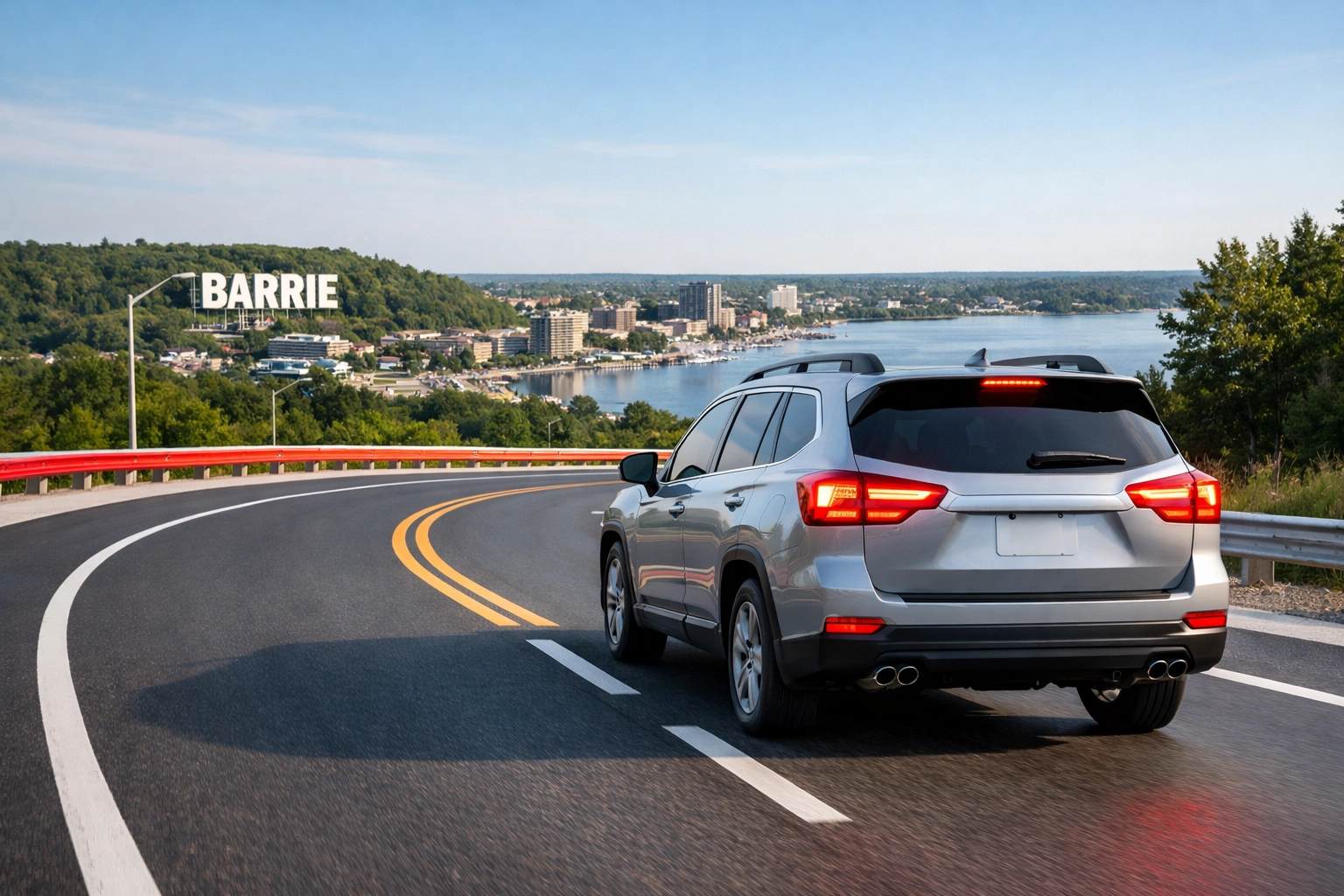 Modern SUV driving safely on Barrie roads with fully functional brakes and lights.