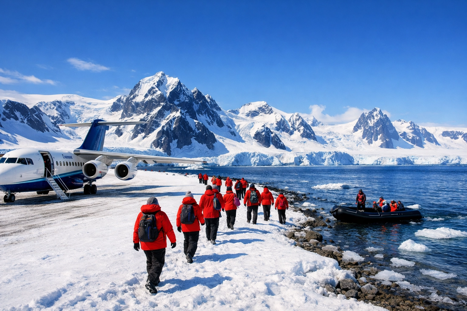 Charter plane at King George Island Antarctica with passengers boarding for fly-and-cruise expedition
