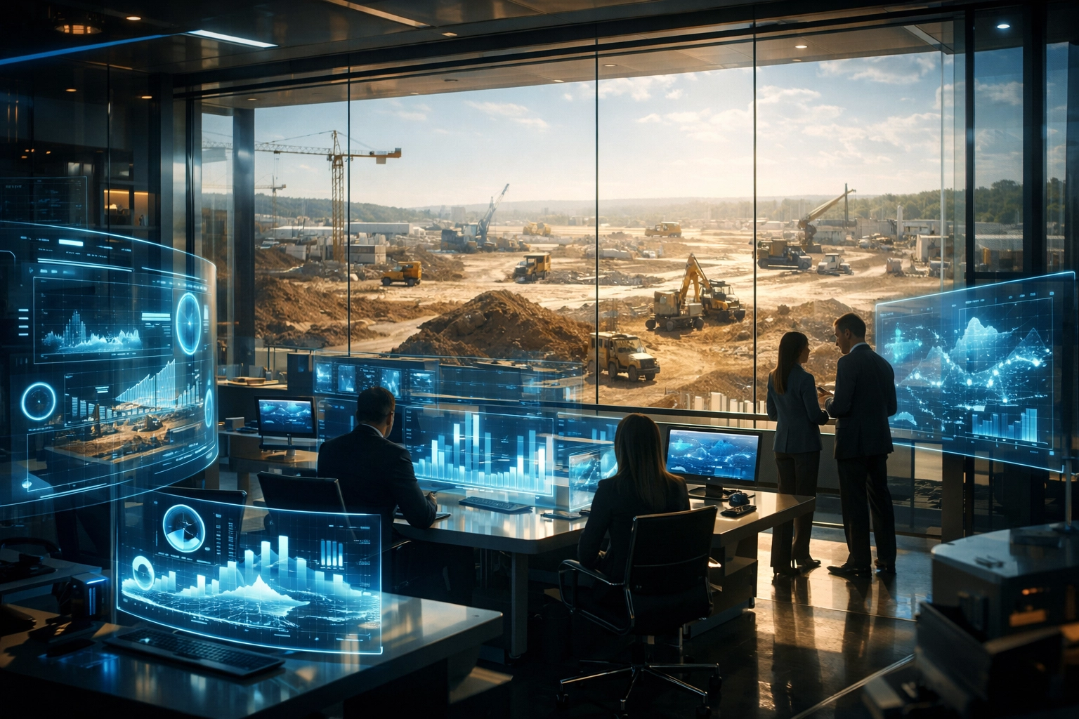 A high-tech operations center managing a massive construction project fueled by unsecured working capital.