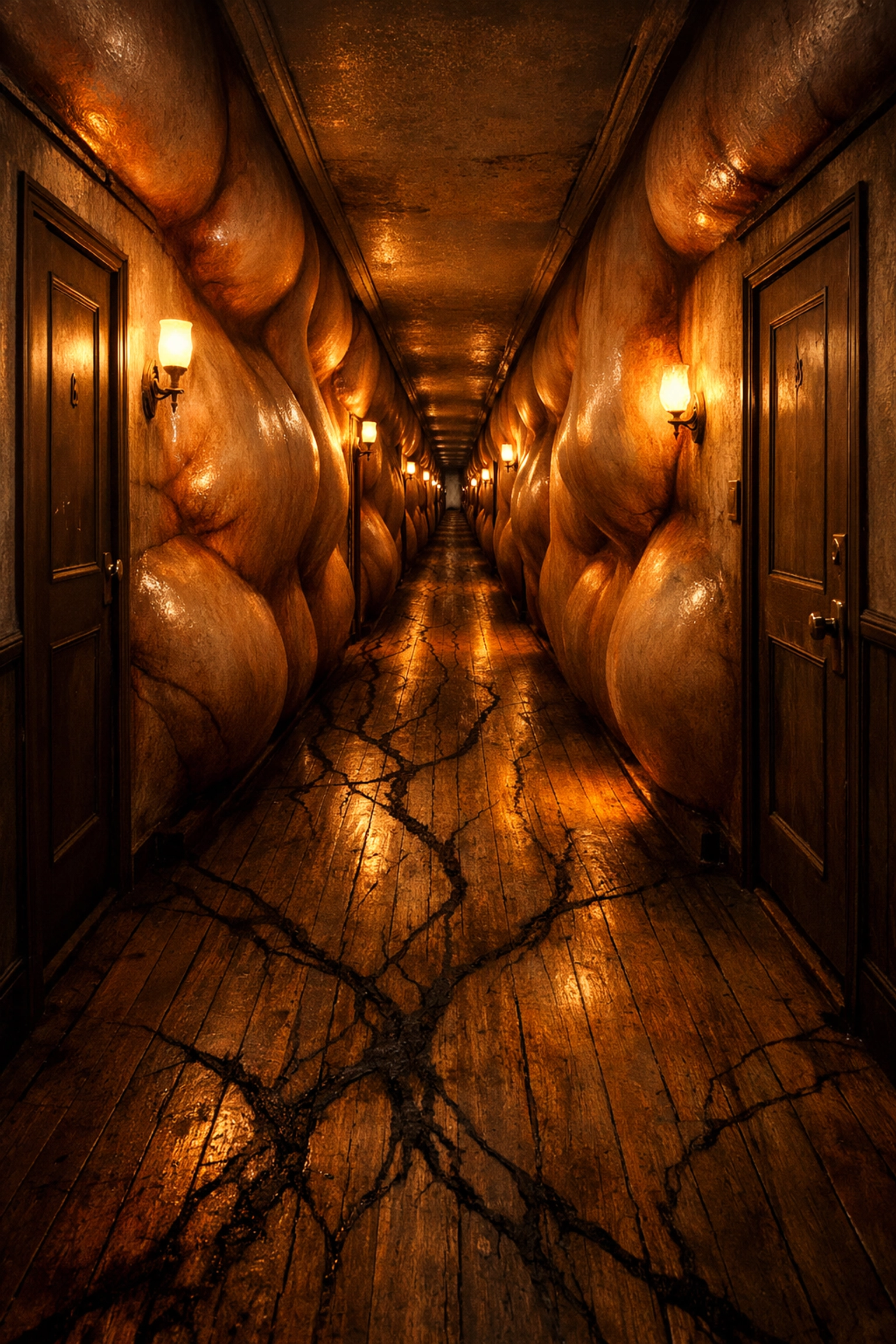 Endless apartment hallway with breathing walls and vein-patterned floors in body horror story