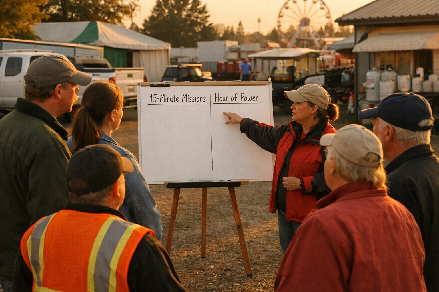 Volunteers in a quick huddle beside a whiteboard listing '15-Minute Missions' and 'Hour of Power' at a Canadian fairgrounds service area