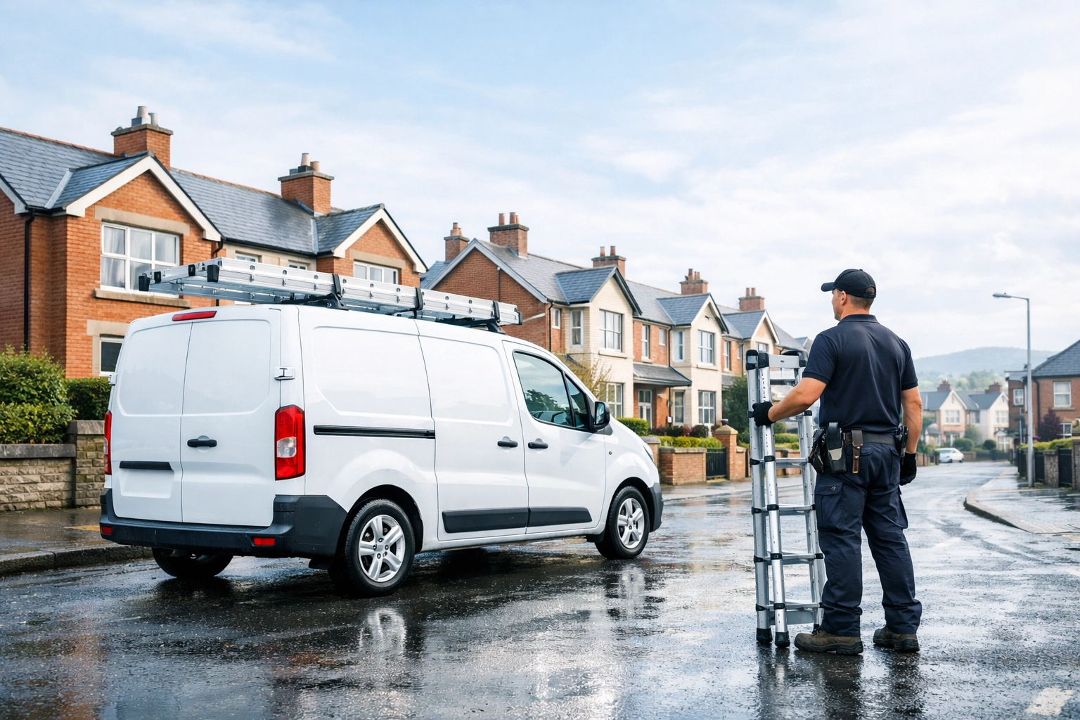 Roofing technician with a service vehicle in Omagh for a professional roof survey during the NI roadshow.