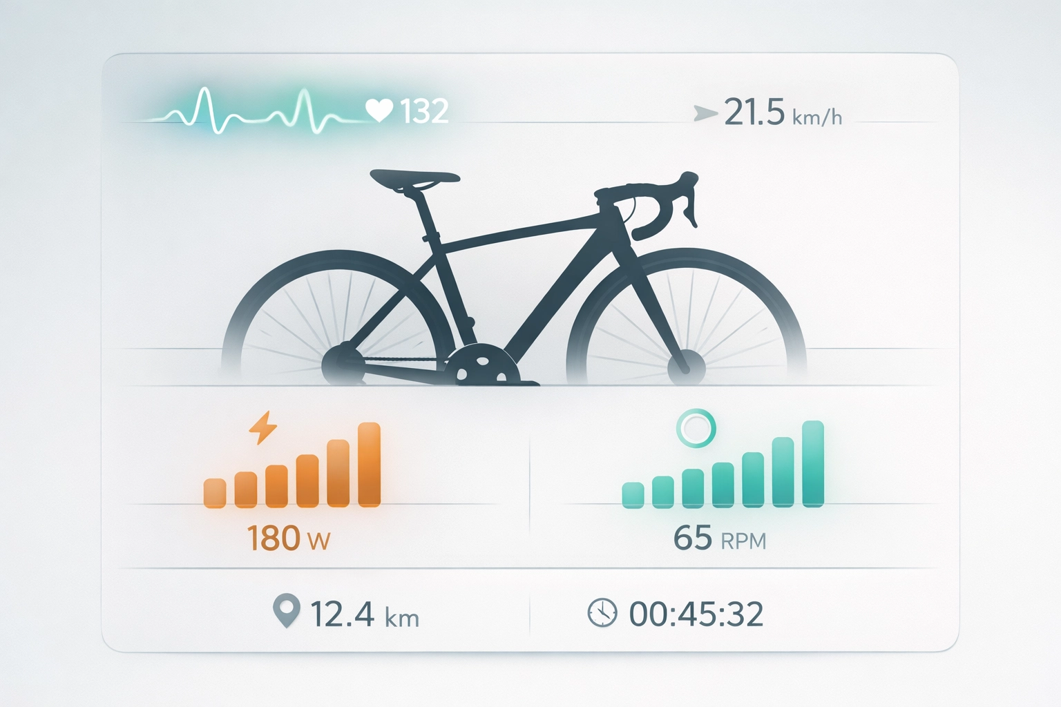 A minimalist indoor cycling training dashboard displaying heart rate and power data for beginners.