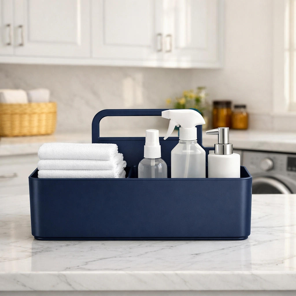 Organized blue emergency spill kit caddy with microfiber cloths and spray bottles in a laundry room.