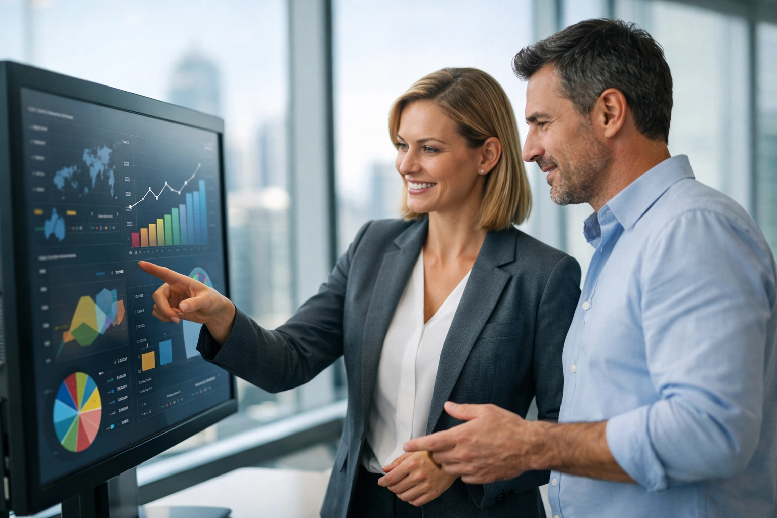 Executives reviewing digital media analytics to optimize brand partnership strategy at Dakdan Worldwide.