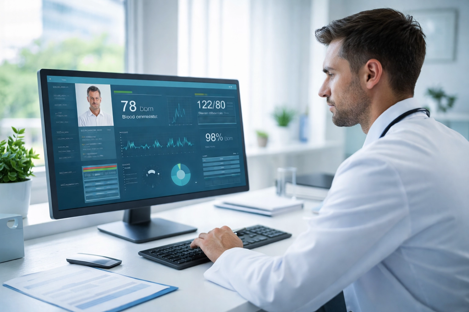 Physician reviews patient data on a monitor in a clinic, demonstrating real-time CDS integration in EHR workflows