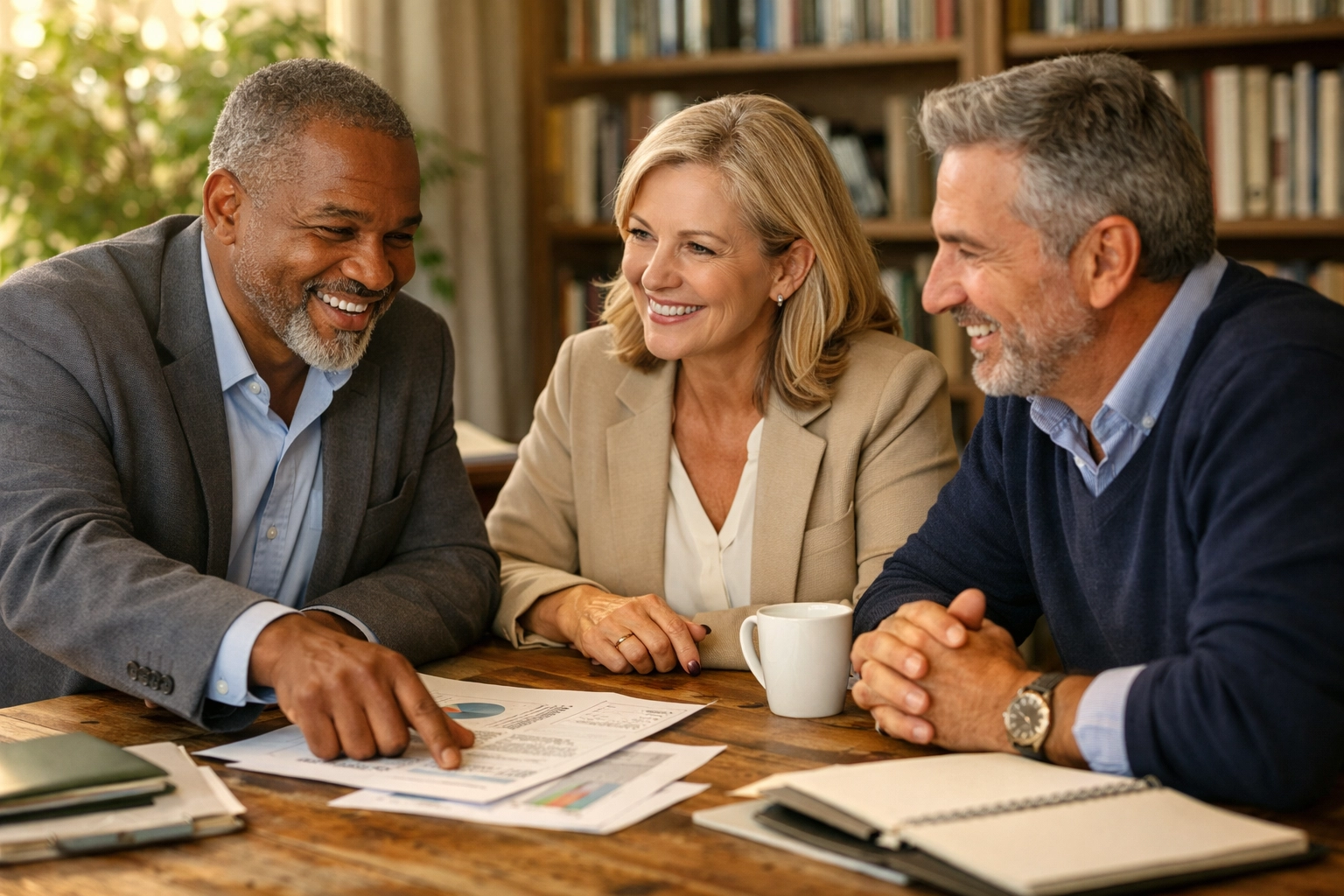 Business leaders collaborating on NQDC plan designs to boost executive retention in a warm, professional office setting.