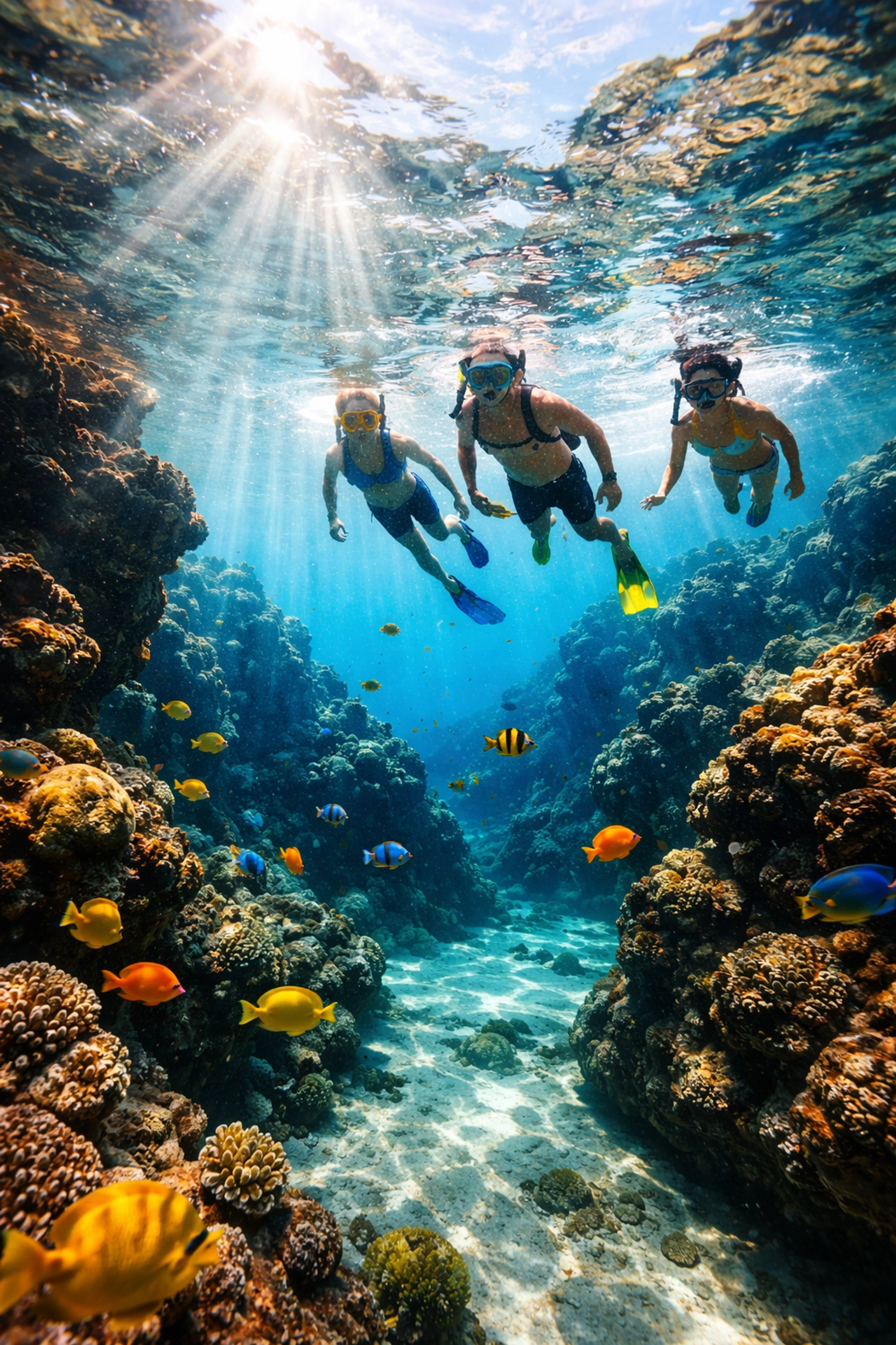 Family snorkeling with tropical fish at Los Arcos National Marine Park in Puerto Vallarta.