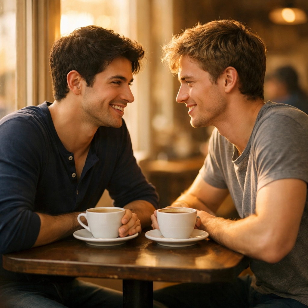 Gay couple having intimate conversation during first coffee date