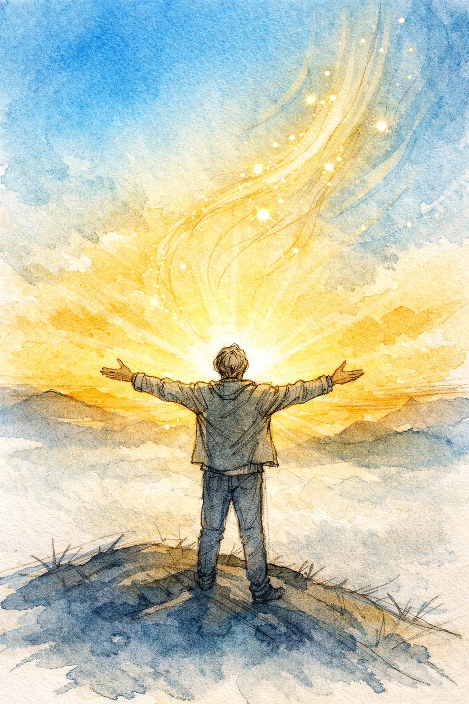 Person standing on hilltop at sunrise with open arms, rediscovering purpose and calling in Christ