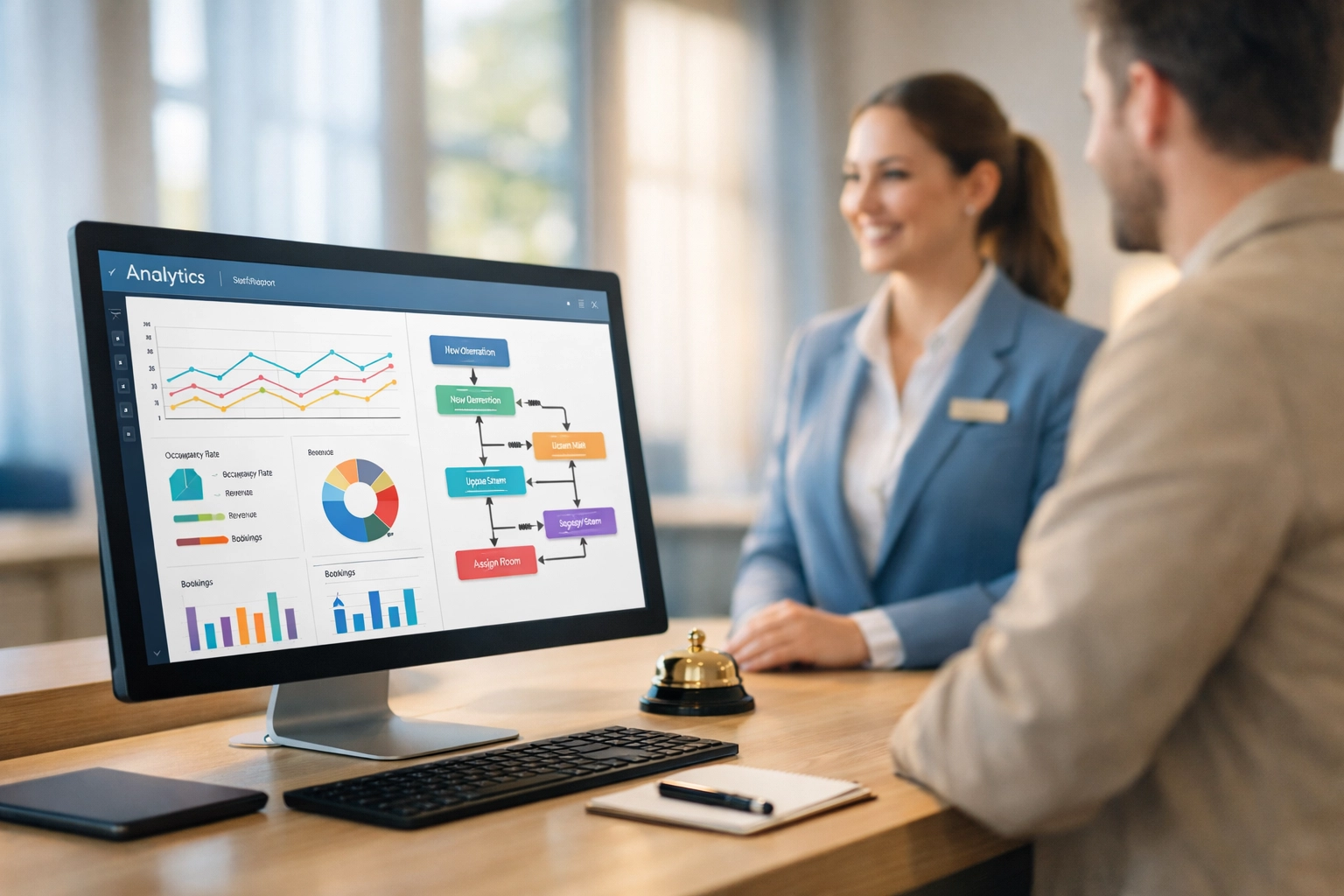 Hotel front desk with automated PMS dashboard and staff assisting guest with personalized service