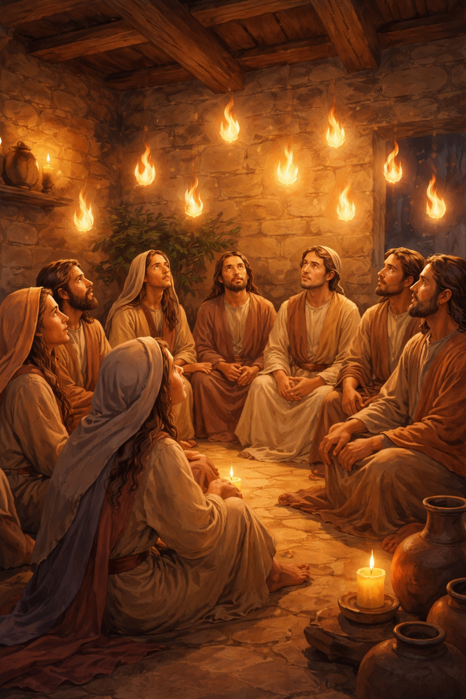 Small biblical group in stone room experiencing Pentecost, gentle flames signifying the coming of the Holy Spirit.