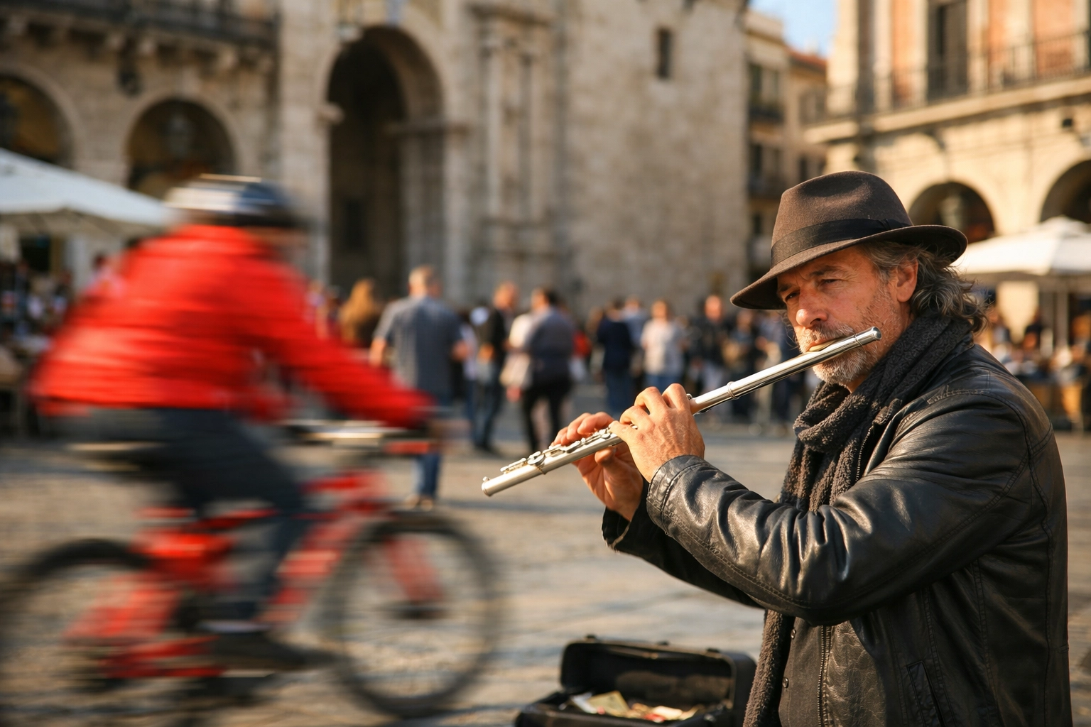 Street photography idea using motion blur of a cyclist to create energy in a city square.