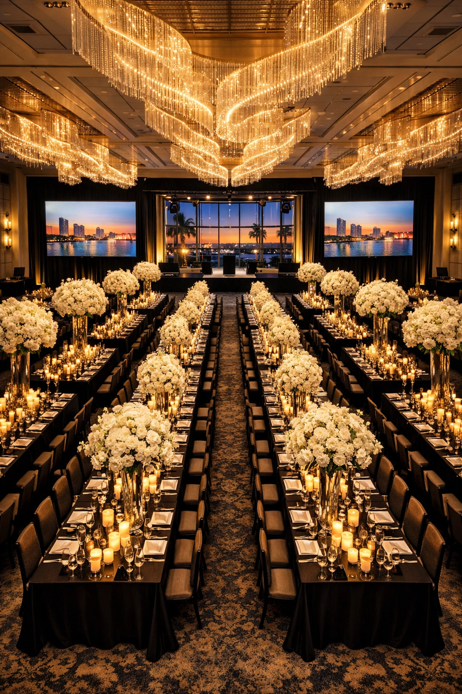 Luxury corporate gala dinner setup in a grand Miami ballroom captured by a professional event photographer.
