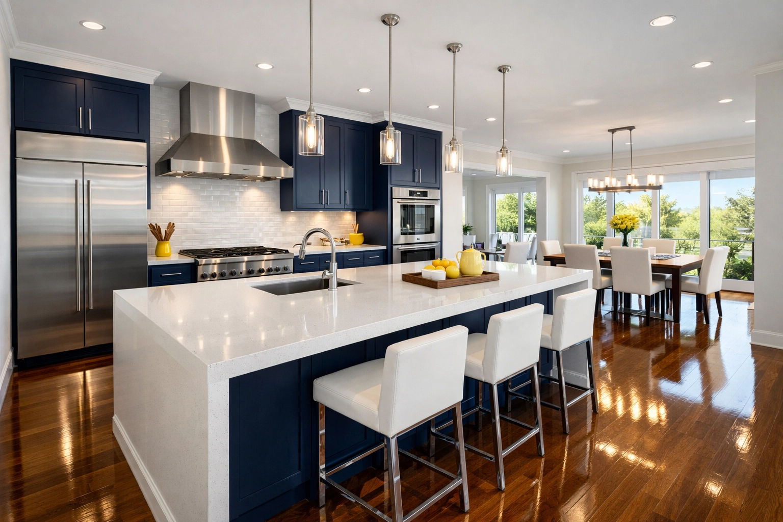 Spotless luxury kitchen with polished floors after professional house cleaning in Leominster MA.