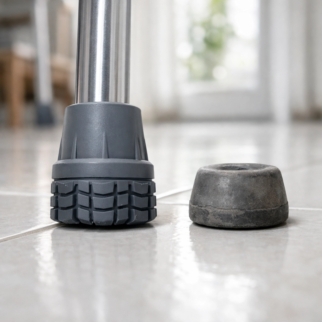 Comparison of a new non-slip rubber walker tip and a worn tip for mobility aid maintenance.