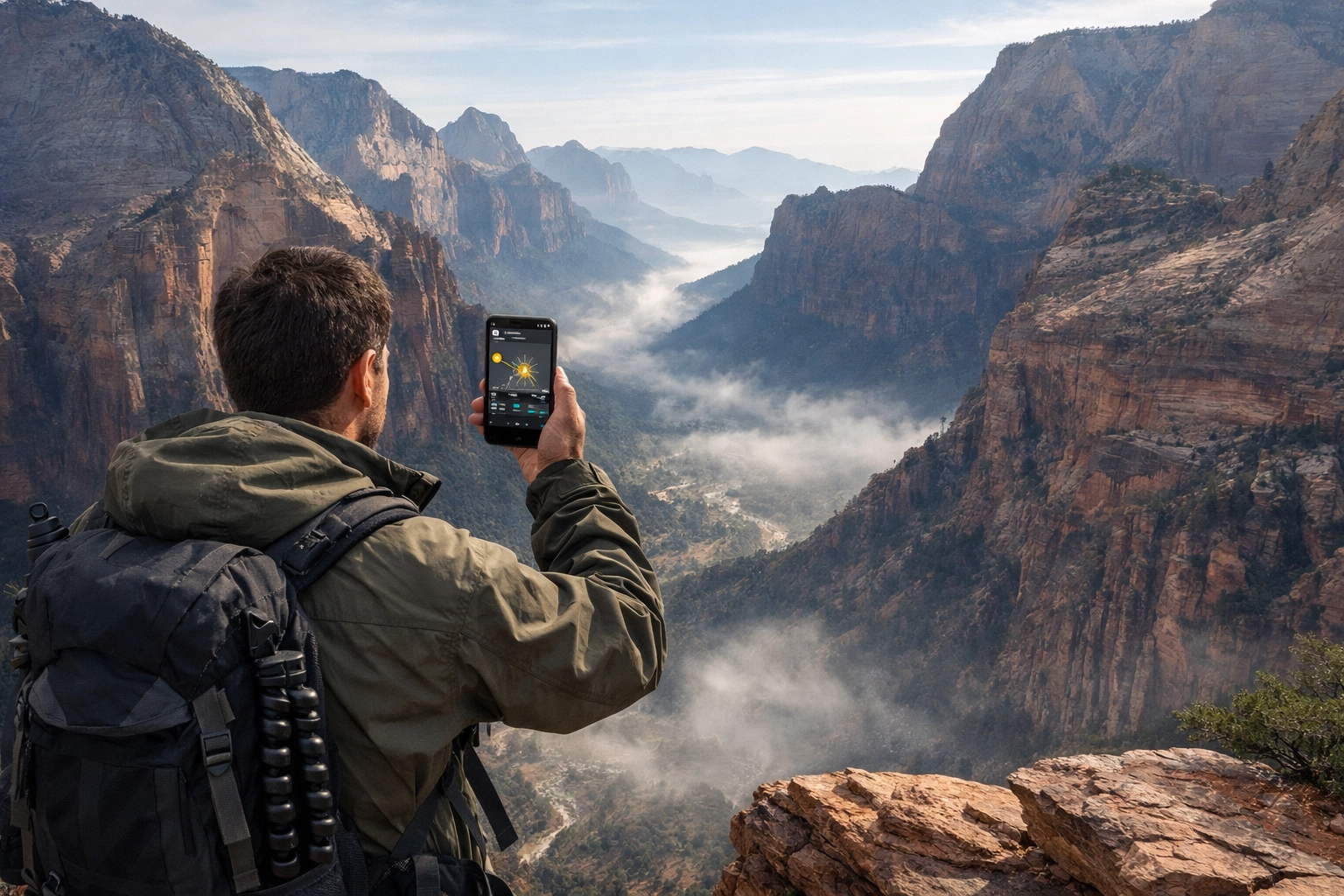 Photographer scouting Zion National Park for the best sunrise spots using a sun-tracking app.