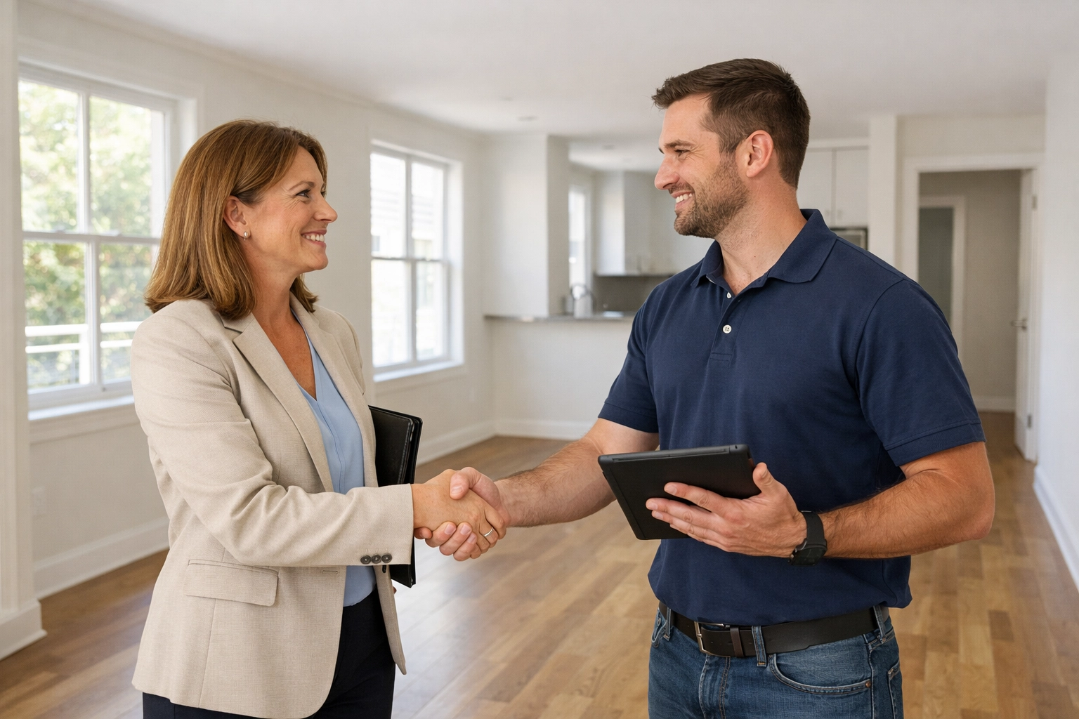 Property manager and contractor shaking hands in empty apartment unit after turnover agreement