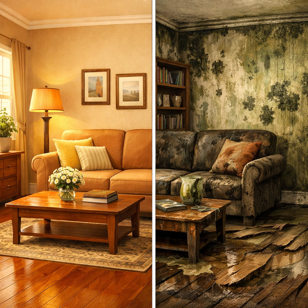 Before and after comparison showing mold growth from improper water damage restoration