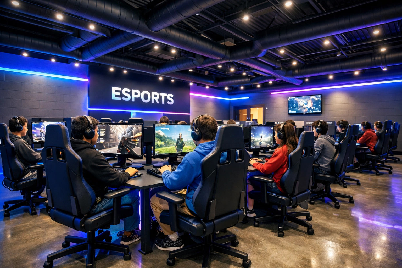 High school esports facility with professional gaming stations for educational brand partnership activation
