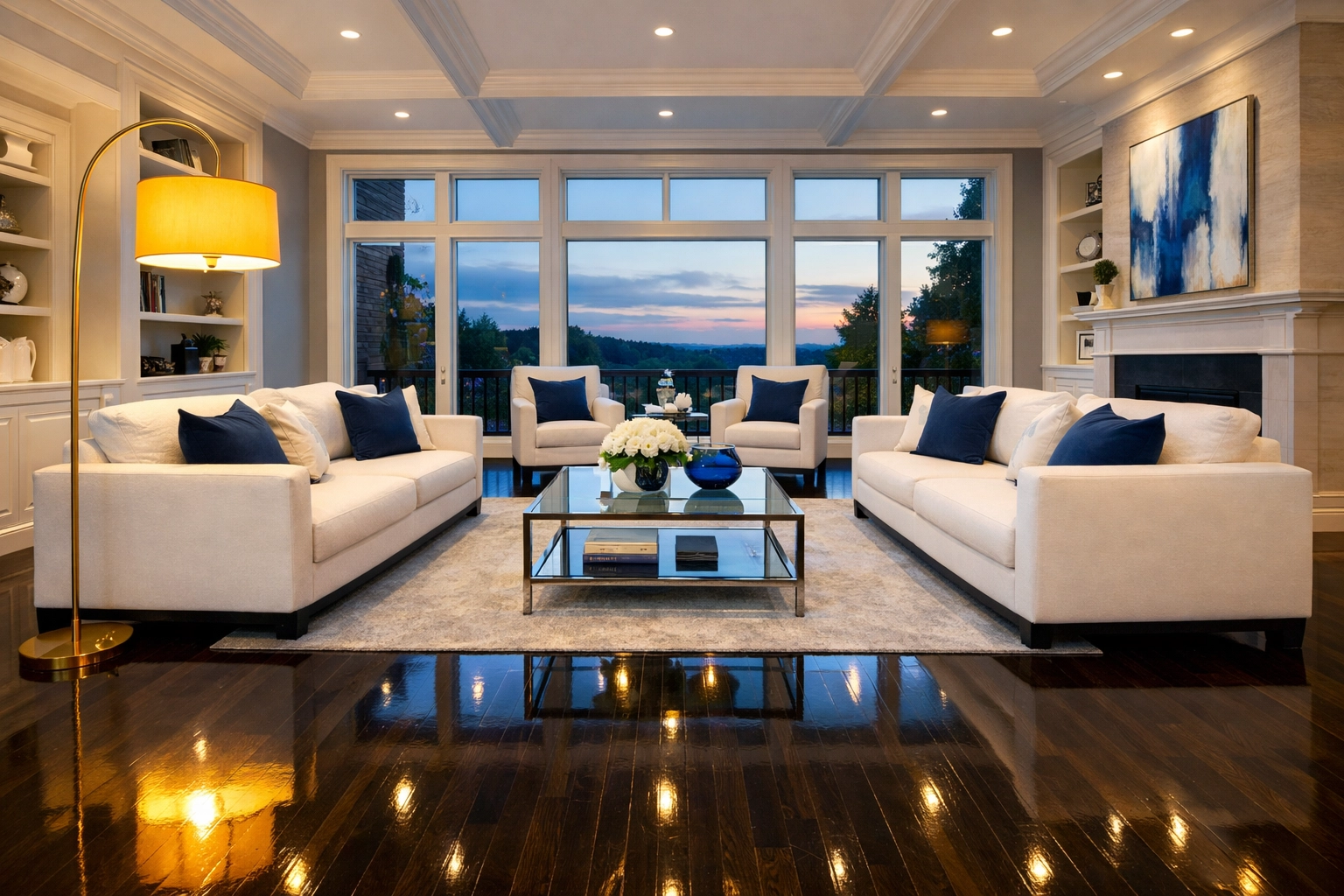 Luxury Westborough living room with polished floors after a professional deep cleaning session.