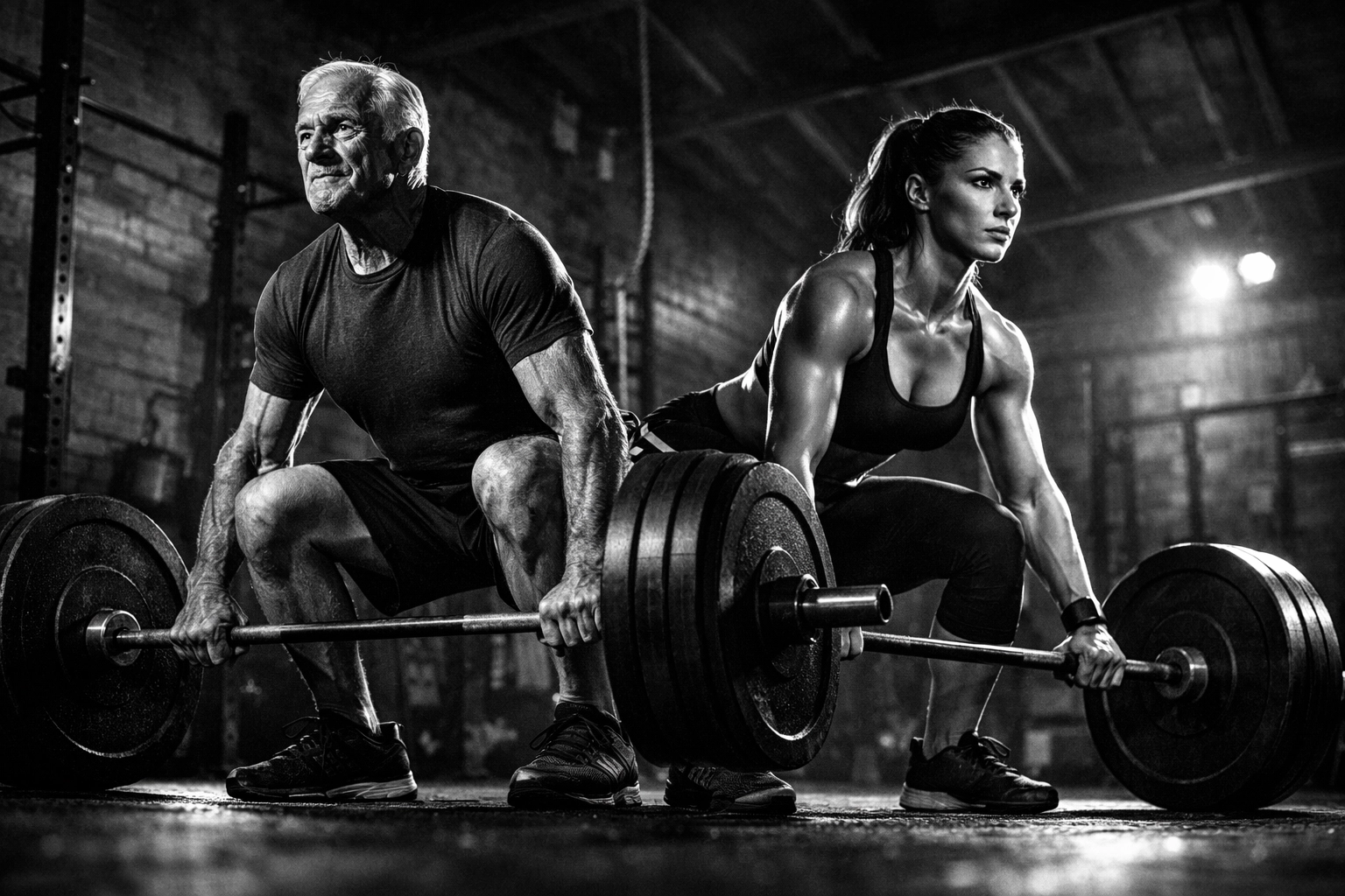 A young woman and senior man deadlifting to showcase functional longevity through strength training.