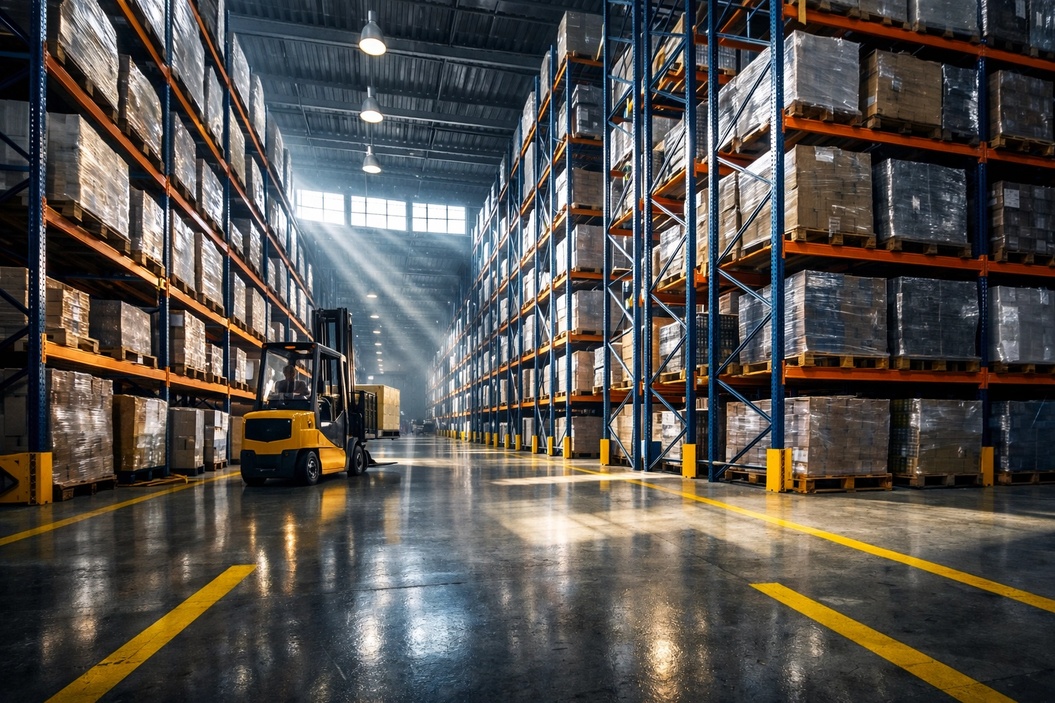 Interior of Texas industrial warehouse facility with high ceilings and storage racks