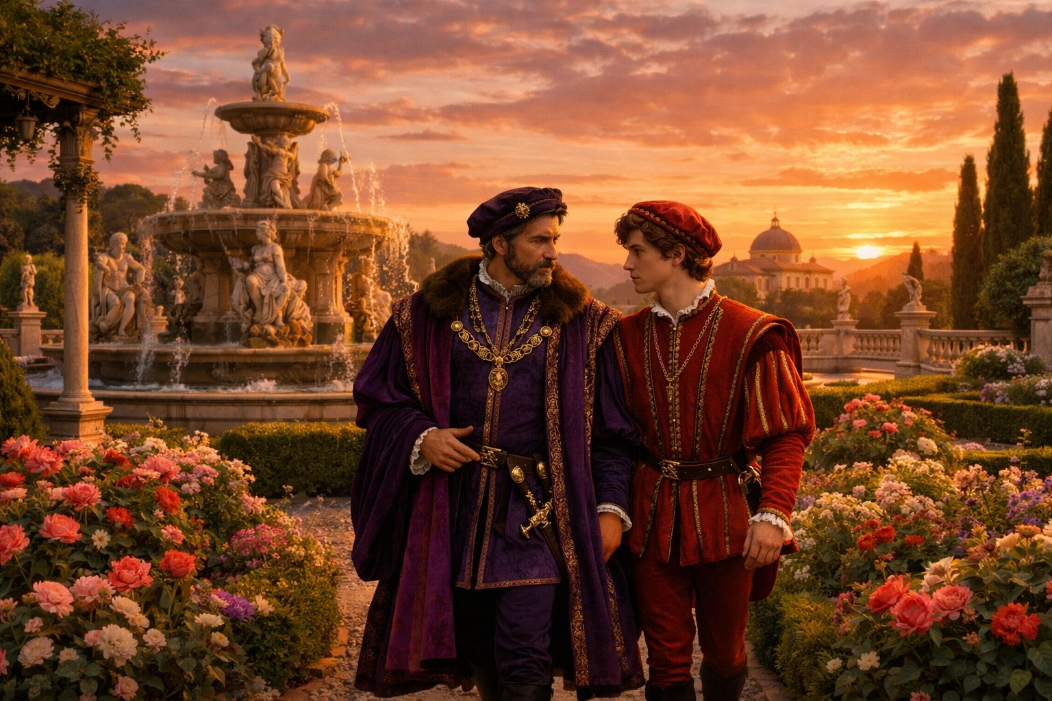 Pope Julius III walking with young Innocenzo in lavish Renaissance garden