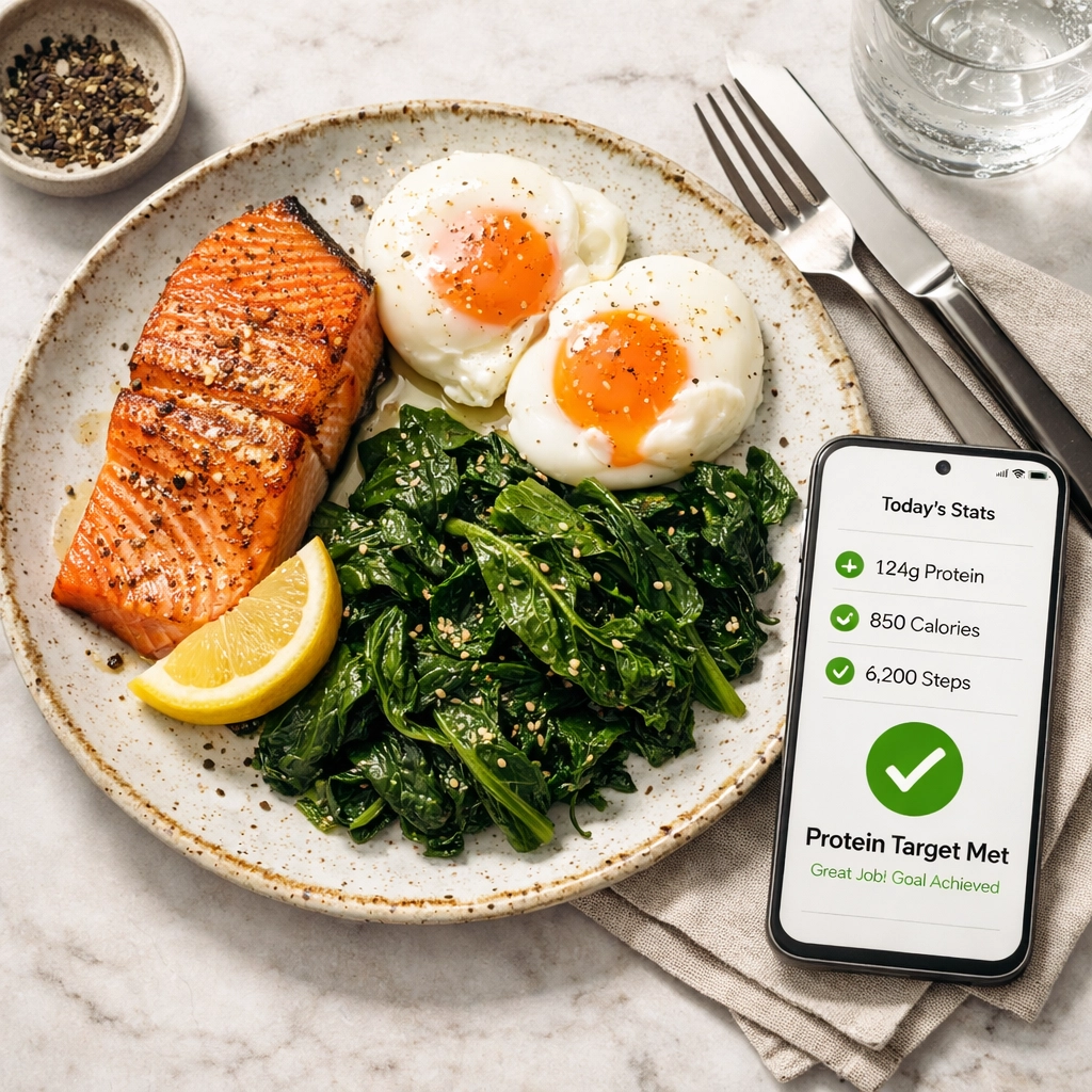 Healthy salmon and egg breakfast platter alongside a nutrition app to track high protein intake.