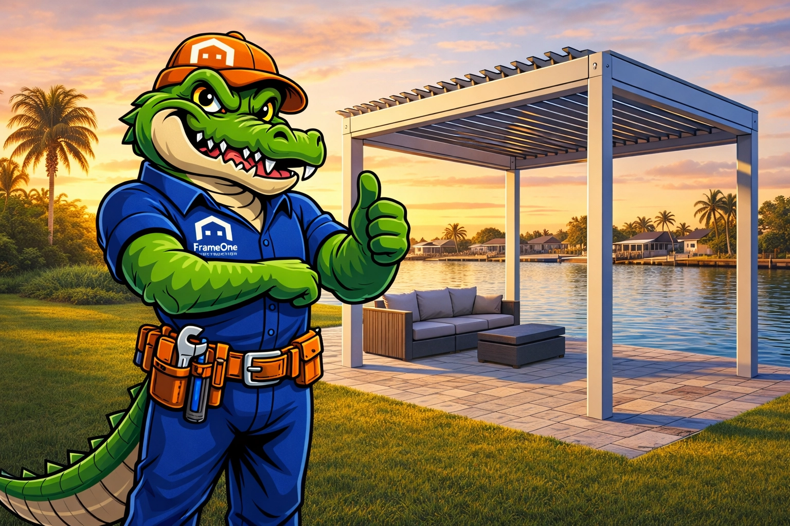Al E. Gator (blue FrameOne shirt, orange hat) standing proudly beside a custom louvered pergola on an Apollo Beach waterfront.