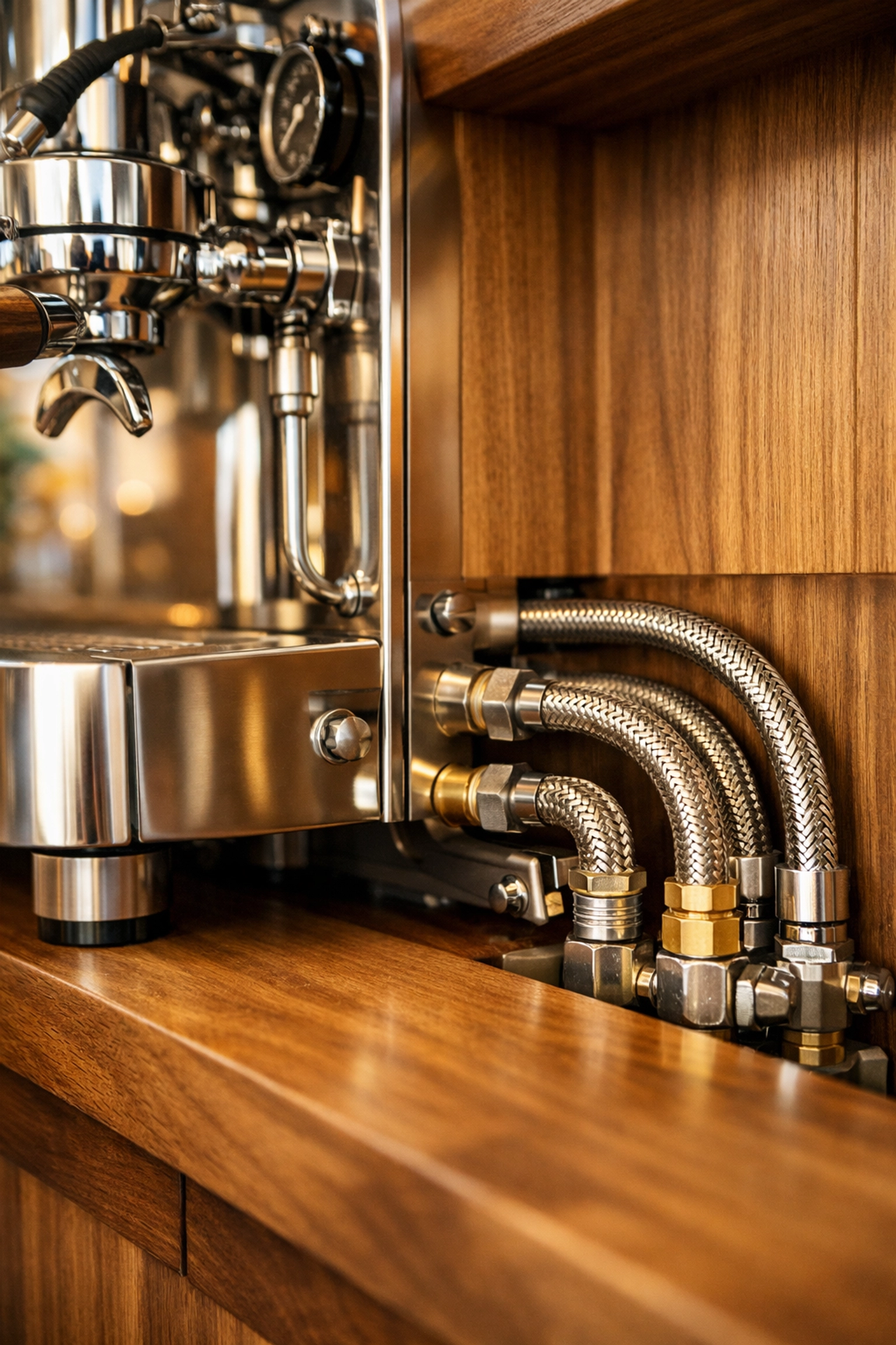 Detail of professional espresso machine plumbing and installation on a warm wooden coffee shop counter.