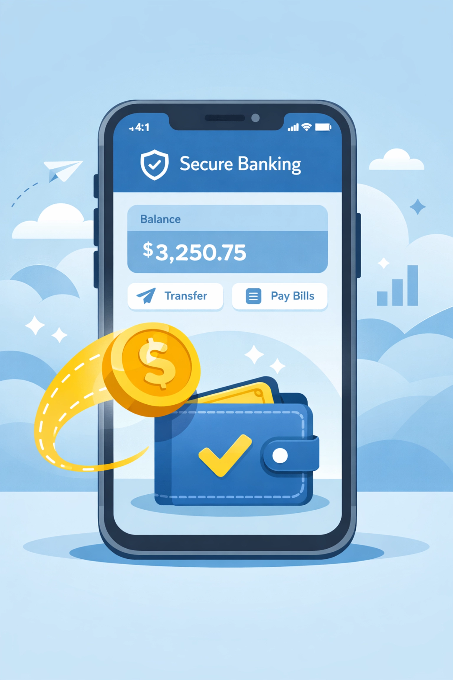 Digital illustration showing a secure direct deposit into a banking app for a fast 2026 tax refund.