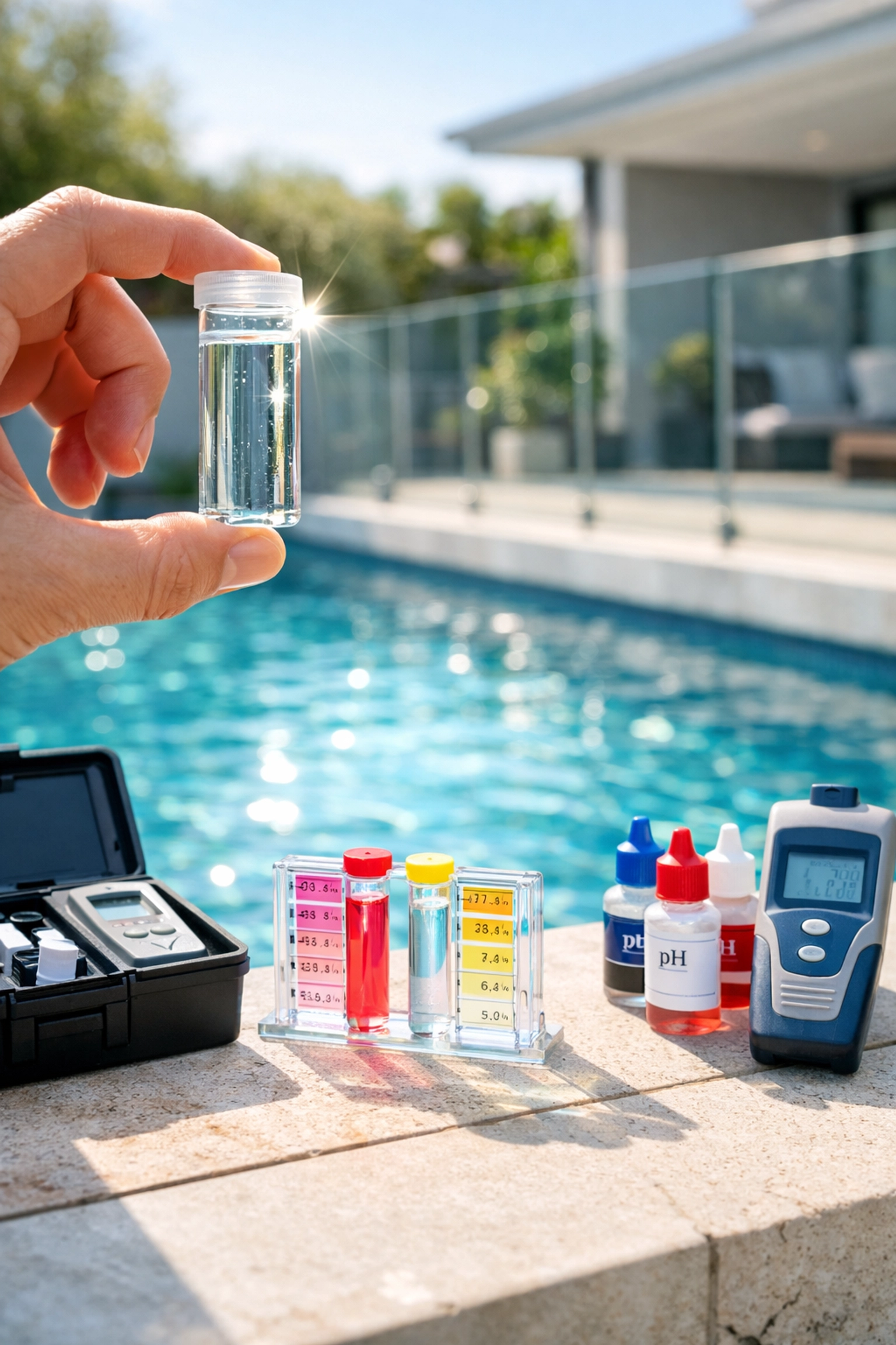 Close-up of professional water testing kit reflecting optimized chemical billing for pool routes.