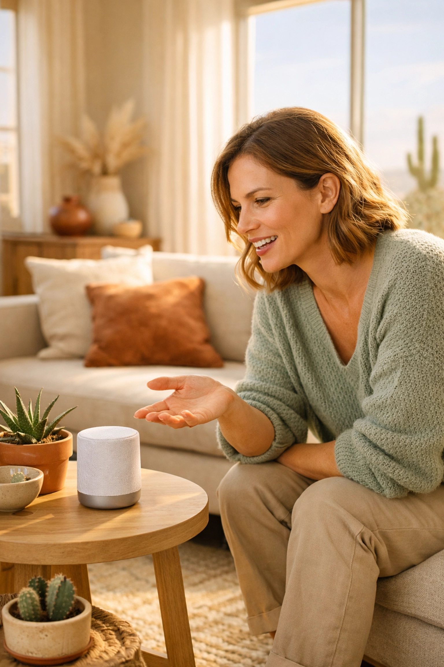 Person using voice search on a smart speaker to find local Coachella Valley business recommendations.