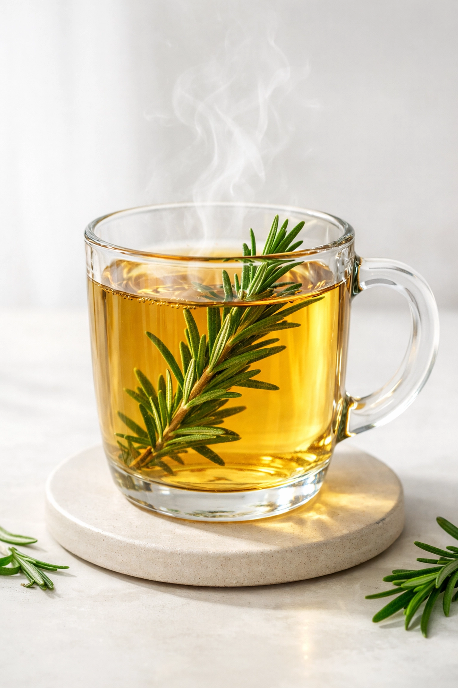 Steaming glass of Moroccan Azeer (rosemary) tea for health and immunity.