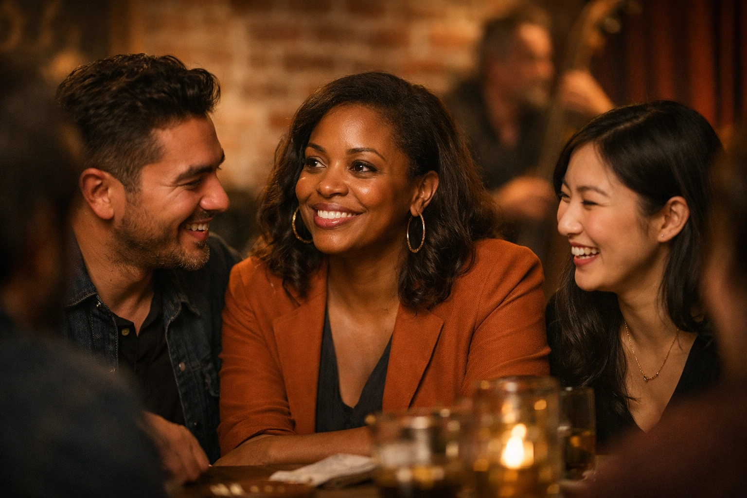 Diverse young professionals and community leaders discussing regional arts and culture Oakland at a soirée.