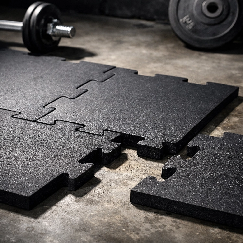 Interlocking rubber gym floor tiles being installed on basement floor for home training space