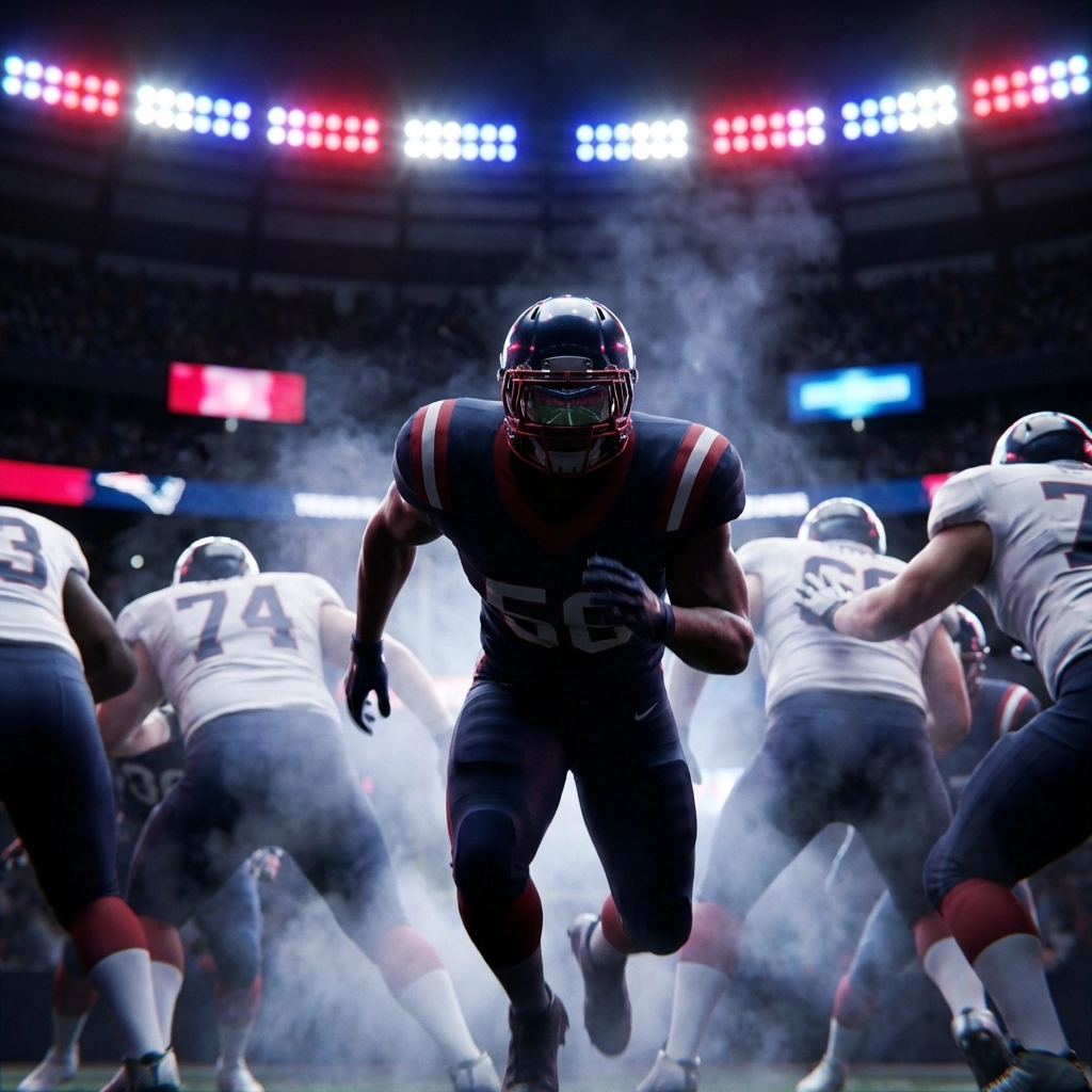 College football defensive end rushing through offensive line under stadium lights, representing Ole Miss defensive losses