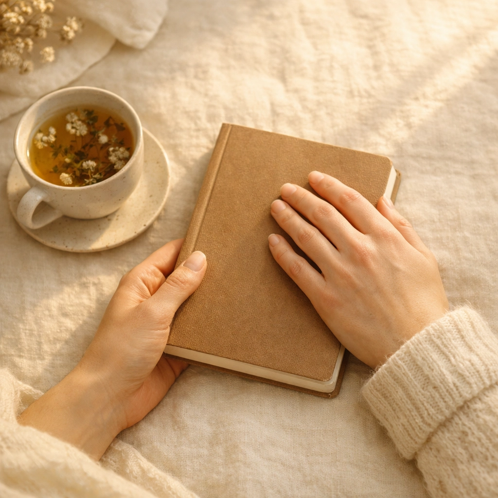 Woman practicing self-compassion with journal and hand on heart during hypnotherapy reflection
