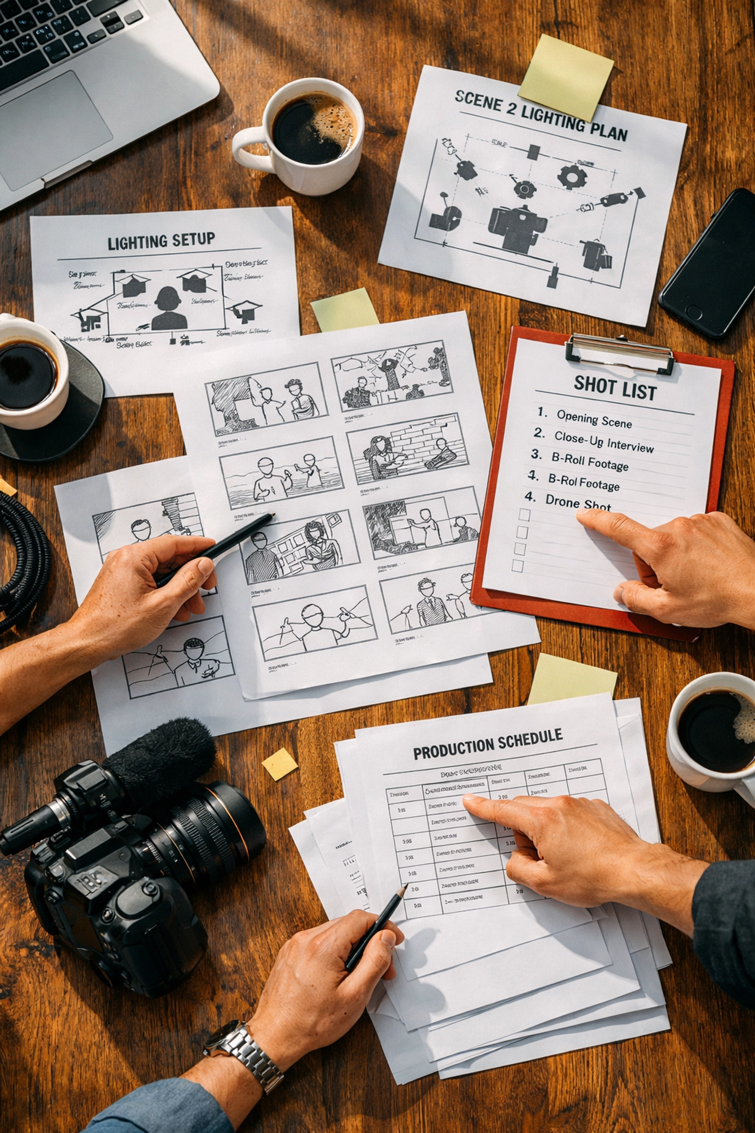 Video marketing strategy session planning testimonial film with storyboards and equipment