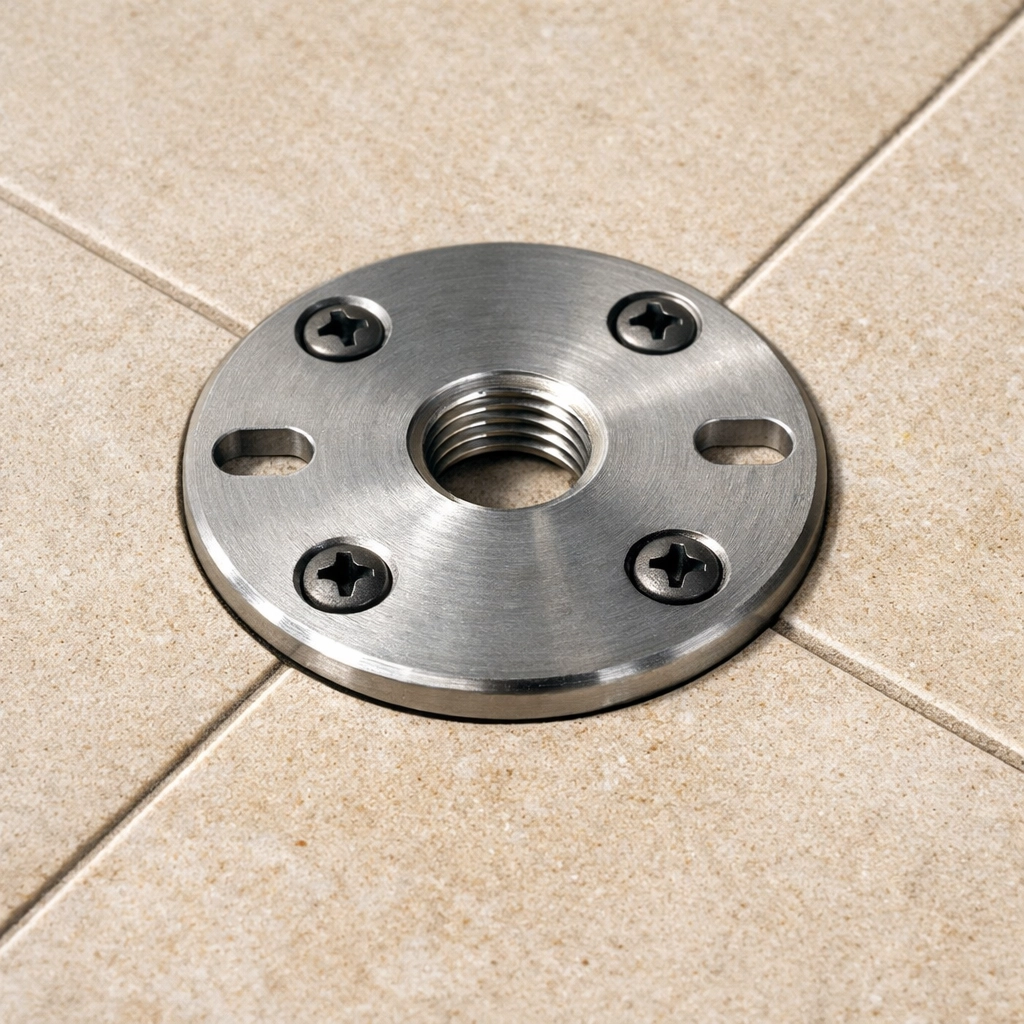 Proper installation of a no-drill grab bar plate centered on a ceramic tile to avoid grout lines.