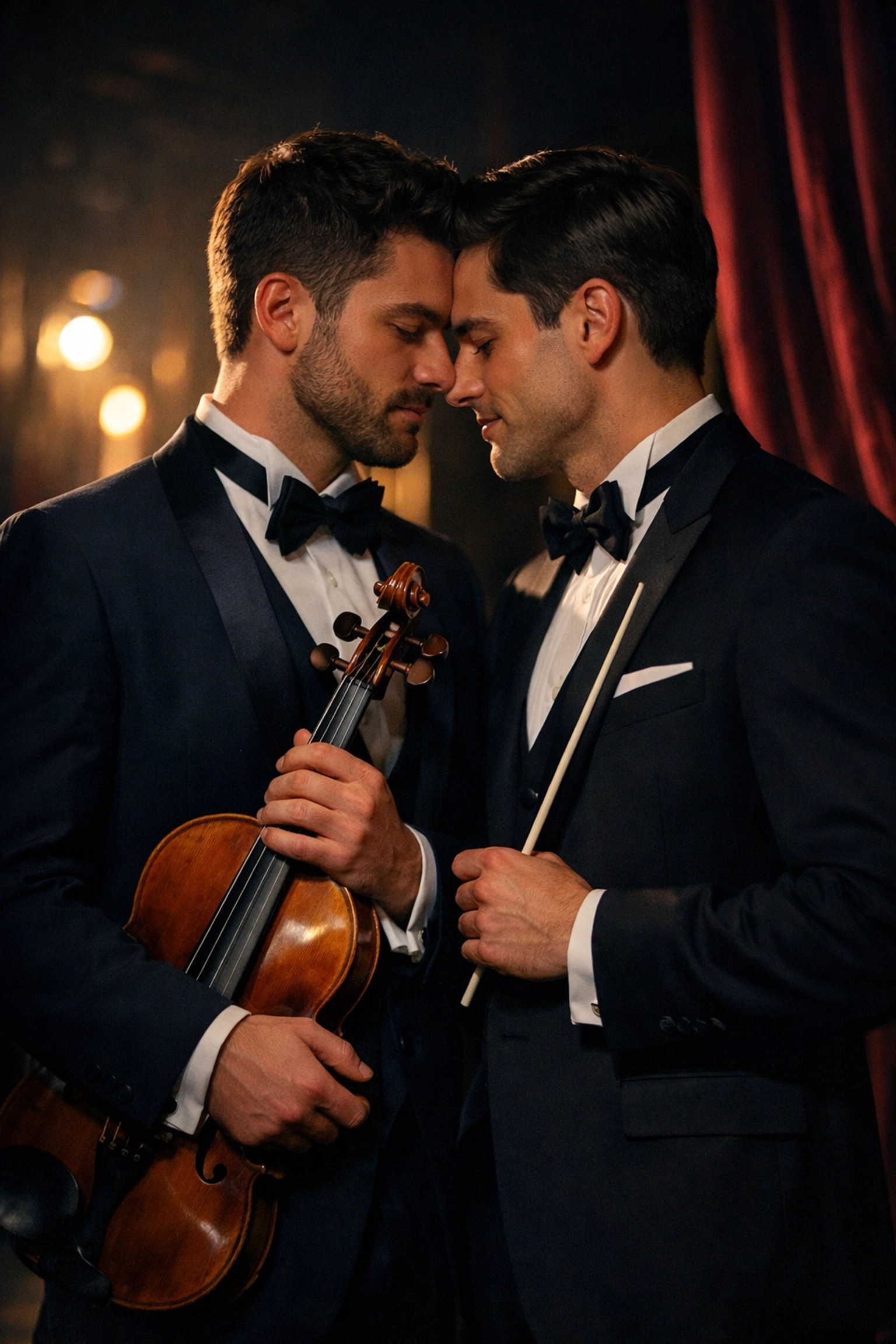 Contemporary gay classical musicians backstage with violin and baton showing modern LGBTQ+ representation
