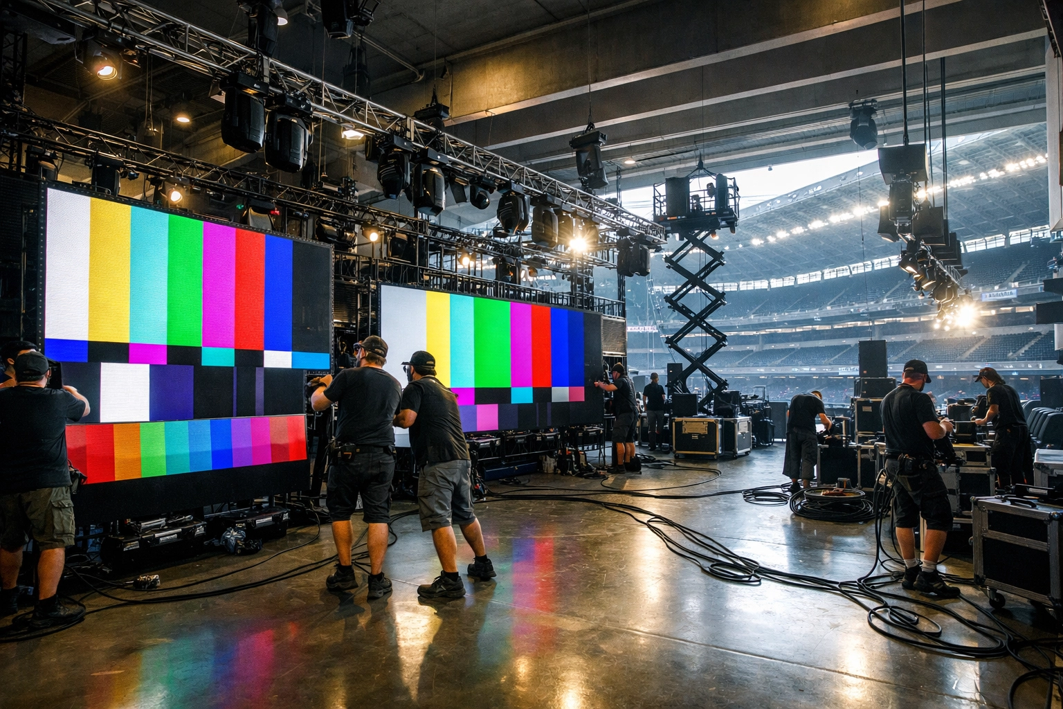 Production crew installing LED video walls and lighting equipment for stadium event sponsorship activation